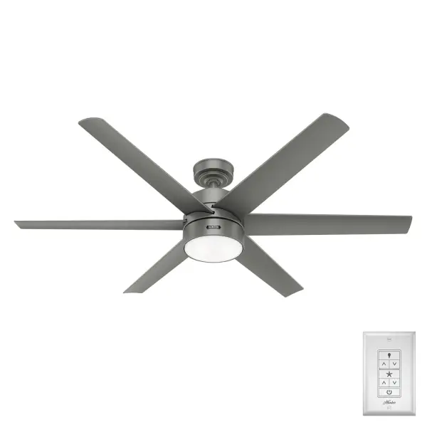 The Solaria outdoor ceiling fan features our exclusive SureSpeed® Guarantee, providing unrivaled high-speed cooling. As a Hunter ENERGY STAR® certified ceiling fan, the Solaria is 64% more efficient on average than conventional fans* while helping you save you money on cooling costs. This large ceiling fan is damp-rated for use in covered rooms exposed to moisture like porches, patios, garages, and bathrooms. Hunter's ENERGY STAR® certified ceiling fans are 64% more energy efficient* Built with our SureSpeed® Guarantee to deliver faster airflow you can feel Damp-rated for covered outdoor spaces 1 bulbs included ENERGY EFFICIENT: Hunter's ENERGY STAR® certified ceiling fans are 64% more efficient on average than conventional fans* while helping you save you money on cooling costs. AIRFLOW YOU FEEL: Built with our SureSpeed® Guarantee to deliver over 33% higher air velocity than leading competitors* while maintaining quiet, wobble-free performance. DROOP-FREE BLADES: Made from durable materials to ensure no blade drooping LIGHT OUTPUT: Provides bright, white light. EASY CONTROL FUNCTION: Use the control to adjust the fan speed and dim the light. WHISPER-QUIET MOTOR: 6-speed, DC reversible motor for optimal performance in summer and winter. GREAT ROOM FAN: Ideal size for great rooms, open concept spaces, and lofts. STANDARD PROFILE MOUNTING: 3 inch downrod included. 140 YEARS OF QUALITY: Cutting-edge technology, American engineered, and ETL/UL tested for the highest safety standards — All backed by a limited lifetime motor warranty for peace of mind. COMPATIBLE ACCESSORIES: Works with Hunter and Casablanca accessories, not including Hunter Original® accessories. WARRANTY: Limited Lifetime Motor Warranty backed by the only company with over 140 years in the fan business. *Based on testing conducted January 2023 comparing the average high-speed airflow velocity of Hunter SureSpeed ceiling fans and the best-selling online models for leading competitors.