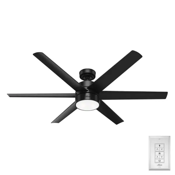 The Solaria outdoor ceiling fan features our exclusive SureSpeed® Guarantee, providing unrivaled high-speed cooling. As a Hunter ENERGY STAR® certified ceiling fan, the Solaria is 64% more efficient on average than conventional fans* while helping you save you money on cooling costs. This large ceiling fan is damp-rated for use in covered rooms exposed to moisture like porches, patios, garages, and bathrooms. Hunter's ENERGY STAR® certified ceiling fans are 64% more energy efficient* Built with our SureSpeed® Guarantee to deliver faster airflow you can feel Damp-rated for covered outdoor spaces 1 bulbs included ENERGY EFFICIENT: Hunter's ENERGY STAR® certified ceiling fans are 64% more efficient on average than conventional fans* while helping you save you money on cooling costs. AIRFLOW YOU FEEL: Built with our SureSpeed® Guarantee to deliver over 33% higher air velocity than leading competitors* while maintaining quiet, wobble-free performance. DROOP-FREE BLADES: Made from durable materials to ensure no blade drooping LIGHT OUTPUT: Provides bright, white light. EASY CONTROL FUNCTION: Use the control to adjust the fan speed and dim the light. WHISPER-QUIET MOTOR: 6-speed, DC reversible motor for optimal performance in summer and winter. GREAT ROOM FAN: Ideal size for great rooms, open concept spaces, and lofts. STANDARD PROFILE MOUNTING: 3 inch downrod included. 140 YEARS OF QUALITY: Cutting-edge technology, American engineered, and ETL/UL tested for the highest safety standards — All backed by a limited lifetime motor warranty for peace of mind. COMPATIBLE ACCESSORIES: Works with Hunter and Casablanca accessories, not including Hunter Original® accessories. WARRANTY: Limited Lifetime Motor Warranty backed by the only company with over 140 years in the fan business. *Based on testing conducted January 2023 comparing the average high-speed airflow velocity of Hunter SureSpeed ceiling fans and the best-selling online models for leading competitors. - alternate view