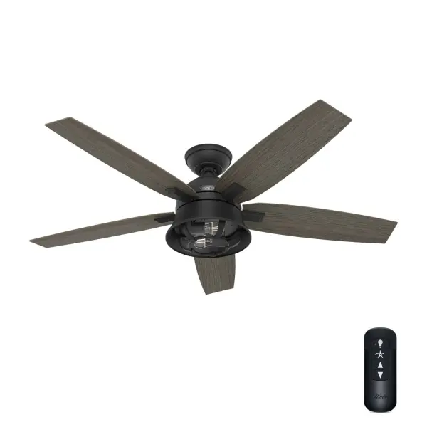 Powerful performance with a memorable design. Rustic finishes and wood grain detailing come together to form the 52-inch Hampshire ceiling fan. Influenced by farmhouse design, this fan brings the outdoorsy, rustic spirit inside to your favorite large rooms. Equipped with our SureSpeed® Guarantee, the Millington keeps your indoor spaces cool – without the noise. Built with our SureSpeed® Guarantee to deliver faster airflow you can feel WhisperWind® whisper-quiet motor. Rated for indoor use only 2 bulbs included AIRFLOW YOU FEEL: Built with our SureSpeed® Guarantee to deliver over 33% higher air velocity than leading competitors* while maintaining quiet, wobble-free performance. WHISPER-QUIET MOTOR: 3-speed, WhisperWind® reversible motor for optimal performance in summer and winter. INDOOR FANS: Great for bedrooms, offices and great rooms. Make sure you get the right size for the best cooling efficiency. EASY CONTROL FUNCTION: Use the control to adjust the fan speed and dim the light. LARGE ROOM FAN: Ideal size for spaces like living rooms and bedrooms. STANDARD PROFILE MOUNTING: 2 inch downrod included. 140 YEARS OF QUALITY: Cutting-edge technology, American engineered, and ETL/UL tested for the highest safety standards — All backed by a limited lifetime motor warranty for peace of mind. COMPATIBLE ACCESSORIES: Works with Hunter and Casablanca accessories, not including Hunter Original® accessories WARRANTY: Limited Lifetime Motor Warranty backed by the only company with over 140 years in the fan business. *Based on testing conducted January 2023 comparing the average high-speed airflow velocity of Hunter SureSpeed ceiling fans and the best-selling online models for leading competitors. - alternate view