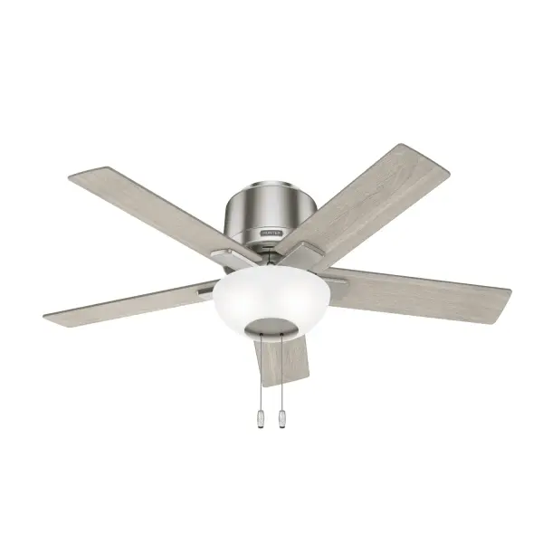 Capture attention in your small spaces. The 44-inch Fitzgerald packs style and performance into one fixture. This ceiling fan's casual, modern design spruces up your favorite spaces, and our SureSpeed® guarantee keeps you cool. Plus, Fitzgerald's low-profile design makes it ideal for low-clearance spaces. Built with our SureSpeed® Guarantee to deliver faster airflow you can feel WhisperWind® whisper-quiet motor. Rated for indoor use only 3 bulbs included AIRFLOW YOU FEEL: Built with our SureSpeed® Guarantee to deliver over 33% higher air velocity than leading competitors* while maintaining quiet, wobble-free performance. WHISPER-QUIET MOTOR: 3-speed, WhisperWind® reversible motor for optimal performance in summer and winter. INDOOR FANS: Great for bedrooms, offices and great rooms. Make sure you get the right size for the best cooling efficiency. SMALL ROOM FAN: Ideal size for home offices, laundry rooms, and bedrooms. LOW PROFILE MOUNTING: Designed to fit flush against ceilings less than 9 feet high. 140 YEARS OF QUALITY: Cutting-edge technology, American engineered, and ETL/UL tested for the highest safety standards — All backed by a limited lifetime motor warranty for peace of mind. COMPATIBLE ACCESSORIES: Works with Hunter and Casablanca accessories, not including Hunter Original® accessories. WARRANTY: Limited Lifetime Motor Warranty backed by the only company with over 140 years in the fan business. *Based on testing conducted January 2023 comparing the average high-speed airflow velocity of Hunter SureSpeed ceiling fans and the best-selling online models for leading competitors. - alternate view