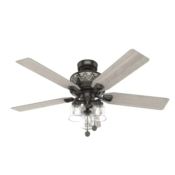 Traditional doesn't mean boring. The geometric patterning on the Ranchero blends modern lines with a traditional fan design for a fresh look. Built with our SureSpeed® Guarantee for airflow you can feel, the Ranchero indoor ceiling fan makes you feel like you're enjoying the great outdoors. Built with our SureSpeed® Guarantee to deliver faster airflow you can feel WhisperWind® whisper-quiet motor. Rated for indoor use only 3 bulbs included AIRFLOW YOU FEEL: Built with our SureSpeed® Guarantee to deliver over 33% higher air velocity than leading competitors* while maintaining quiet, wobble-free performance. WHISPER-QUIET MOTOR: WhisperWind® reversible motor for optimal performance in summer and winter. INDOOR FANS: Great for bedrooms, offices and great rooms. Make sure you get the right size for the best cooling efficiency. LARGE ROOM FAN: Ideal size for spaces like living rooms and bedrooms. STANDARD PROFILE MOUNTING: 3 inch downrod included. COMPATIBLE ACCESSORIES: Works with Hunter and Casablanca accessories, not including Hunter Original® accessories WARRANTY: Limited Lifetime Motor Warranty backed by the only company with over 135 years in the fan business *Based on testing conducted January 2023 comparing the average high-speed airflow velocity of Hunter SureSpeed ceiling fans and the best-selling online models for leading competitors.
