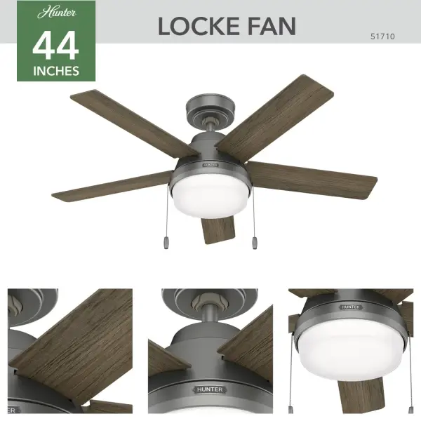 The perfect adornment for your home's transitional small spaces, the Locke ceiling fan delivers optimized, high-speed airflow you can feel. Built with our SureSpeed® Guarantee, the Locke with matte silver base is an attractive ceiling fan and LED light combo designed to maintain a quiet, wobble-free performance. Built with our SureSpeed® Guarantee to deliver faster airflow you can feel. WhisperWind® whisper-quiet motor. Rated for indoor use only 2 bulbs included AIRFLOW YOU FEEL: Built with our SureSpeed® Guarantee to deliver over 33% higher air velocity than leading competitors* while maintaining quiet, wobble-free performance. WHISPER-QUIET MOTOR: 3-speed, WhisperWind® reversible motor for optimal performance in summer and winter. INDOOR FANS: Great for bedrooms, offices and great rooms. Make sure you get the right size for the best cooling efficiency. SMALL ROOM FAN: Ideal size for home offices, laundry rooms, and bedrooms. STANDARD PROFILE MOUNTING: 3 inch downrod included. 140 YEARS OF QUALITY: Cutting-edge technology, American engineered, and ETL/UL tested for the highest safety standards — All backed by a limited lifetime motor warranty for peace of mind. COMPATIBLE ACCESSORIES: Works with Hunter and Casablanca accessories, not including Hunter Original® accessories. WARRANTY: Limited Lifetime Motor Warranty backed by the only company with over 140 years in the fan business. *Based on testing conducted January 2023 comparing the average high-speed airflow velocity of Hunter SureSpeed ceiling fans and the best-selling online models for leading competitors. - alternate view
