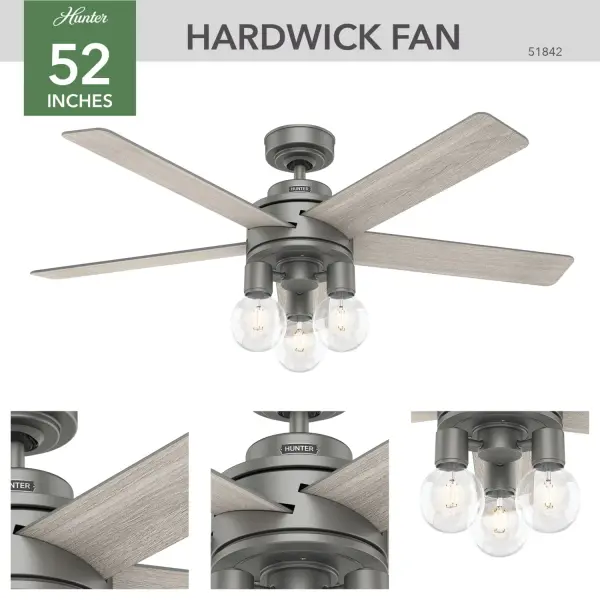 The Hardwick ceiling fan with light is a modern take on ceiling fan design. It combines simple, clean lines and a traditional light fixture with unique globe Edison bulbs for a fresh look. The Matte Nickel and Fresh White finish add a subtle statement in casual rooms while the Matte Black finish complements dark hardware and accents in modern industrial and farmhouse spaces. Its 52-inch blade span makes it an ideal fit in large rooms like bedrooms, living rooms, and bonus rooms. Built with our SureSpeed® Guarantee to deliver faster airflow you can feel WhisperWind® whisper-quiet motor. Rated for indoor use only 3 bulbs included AIRFLOW YOU FEEL: Built with our SureSpeed® Guarantee to deliver over 33% higher air velocity than leading competitors* while maintaining quiet, wobble-free performance. WHISPER-QUIET MOTOR: 4-speed, WhisperWind® reversible motor for optimal performance in summer and winter. INDOOR FANS: Great for bedrooms, offices and great rooms. Make sure you get the right size for the best cooling efficiency. PRE-INSTALLED RECEIVER: Control receiver built into the fan. One less step for installation. EASY CONTROL FUNCTION: Use the control to adjust the fan speed and dim the light. LARGE ROOM FAN: Ideal size for spaces like living rooms and bedrooms. STANDARD PROFILE MOUNTING: 2 inch downrod included. 140 YEARS OF QUALITY: Cutting-edge technology, American engineered, and ETL/UL tested for the highest safety standards — All backed by a limited lifetime motor warranty for peace of mind. COMPATIBLE ACCESSORIES: Works with Hunter and Casablanca accessories, not including Hunter Original® accessories. WARRANTY: Limited Lifetime Motor Warranty backed by the only company with over 140 years in the fan business. *Based on testing conducted January 2023 comparing the average high-speed airflow velocity of Hunter SureSpeed ceiling fans and the best-selling online models for leading competitors. - alternate view