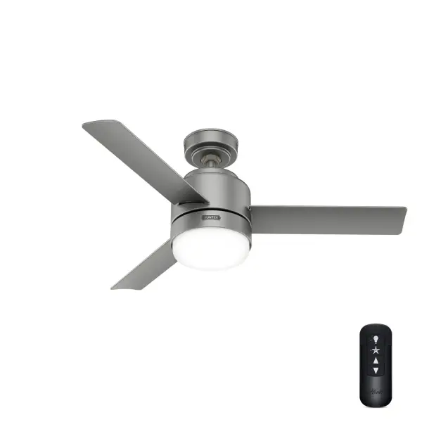 The Gilmour outdoor ceiling fan features a simple design and clean lines to complement your casual, modern covered porches and patios. The Matte Black finish adds a modern, clean look while the Matte White finish adds a bright, bold one. Use this fan indoors too! This small ceiling fan fits close to the ceiling to provide optimal performance in rooms with low ceilings without sacrificing style or headroom. Built with our SureSpeed® Guarantee to deliver faster airflow you can feel Damp-rated ceiling fans are a great option for covered patios, screened porches, and other areas that are not directly exposed to rain, snow, water, or moisture 2 bulbs included AIRFLOW YOU FEEL: Built with our SureSpeed® Guarantee to deliver over 33% higher air velocity than leading competitors* while maintaining quiet, wobble-free performance. WHISPER-QUIET MOTOR: 3-speed, WhisperWind® reversible motor for optimal performance in summer and winter. DROOP-FREE BLADES: Made from durable materials to ensure no blade drooping EASY CONTROL FUNCTION: Use the control to adjust the fan speed and dim the light. SMALL ROOM FAN: Ideal size for home offices, laundry rooms, and bedrooms. STANDARD PROFILE MOUNTING: 3 inch downrod included. 140 YEARS OF QUALITY: Cutting-edge technology, American engineered, and ETL/UL tested for the highest safety standards — All backed by a limited lifetime motor warranty for peace of mind. COMPATIBLE ACCESSORIES: Works with Hunter and Casablanca accessories, not including Hunter Original® accessories. WARRANTY: Limited Lifetime Motor Warranty backed by the only company with over 140 years in the fan business. *Based on testing conducted January 2023 comparing the average high-speed airflow velocity of Hunter SureSpeed ceiling fans and the best-selling online models for leading competitors.