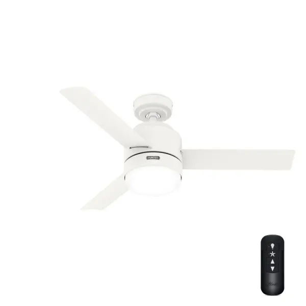 The Gilmour outdoor ceiling fan features a simple design and clean lines to complement your casual, modern covered porches and patios. The Matte Black finish adds a modern, clean look while the Matte White finish adds a bright, bold one. Use this fan indoors too! This small ceiling fan fits close to the ceiling to provide optimal performance in rooms with low ceilings without sacrificing style or headroom. Built with our SureSpeed® Guarantee to deliver faster airflow you can feel Damp-rated ceiling fans are a great option for covered patios, screened porches, and other areas that are not directly exposed to rain, snow, water, or moisture 2 bulbs included AIRFLOW YOU FEEL: Built with our SureSpeed® Guarantee to deliver over 33% higher air velocity than leading competitors* while maintaining quiet, wobble-free performance. WHISPER-QUIET MOTOR: 3-speed, WhisperWind® reversible motor for optimal performance in summer and winter. DROOP-FREE BLADES: Made from durable materials to ensure no blade drooping EASY CONTROL FUNCTION: Use the control to adjust the fan speed and dim the light. SMALL ROOM FAN: Ideal size for home offices, laundry rooms, and bedrooms. STANDARD PROFILE MOUNTING: 3 inch downrod included. 140 YEARS OF QUALITY: Cutting-edge technology, American engineered, and ETL/UL tested for the highest safety standards — All backed by a limited lifetime motor warranty for peace of mind. COMPATIBLE ACCESSORIES: Works with Hunter and Casablanca accessories, not including Hunter Original® accessories. WARRANTY: Limited Lifetime Motor Warranty backed by the only company with over 140 years in the fan business. *Based on testing conducted January 2023 comparing the average high-speed airflow velocity of Hunter SureSpeed ceiling fans and the best-selling online models for leading competitors. - alternate view