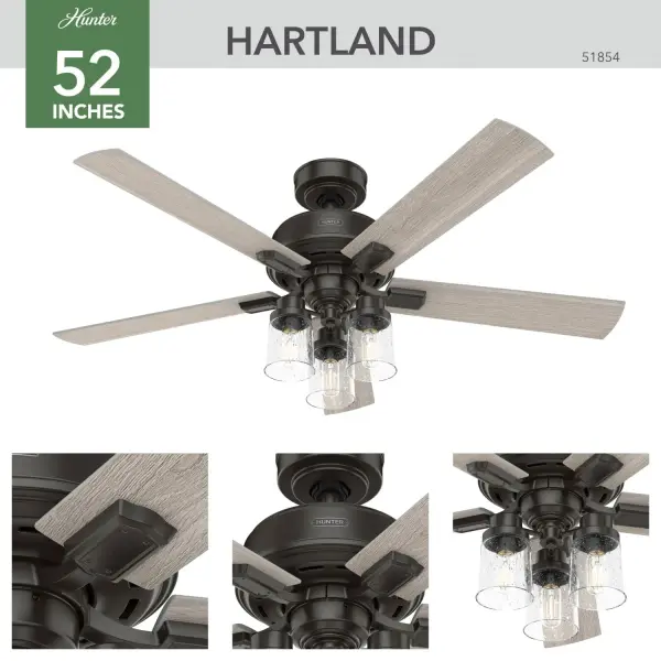 The Hartland chandelier-inspired ceiling fan has a revised classic look that looks beautiful in casual, indoor spaces. The clear seeded glass and included Edison LED light bulbs create a stunning look. Add a subtle pop of color with the Indigo Blue fan or complement other fixtures and accents in your farmhouse-style room with the Noble Bronze or Matte Silver finish. Create a cohesive look in your space by pairing the Hartland ceiling fan with the coordinating light fixtures in its collection. Built with our SureSpeed® Guarantee to deliver faster airflow you can feel WhisperWind® whisper-quiet motor. Rated for indoor use only 3 bulbs included AIRFLOW YOU FEEL: Built with our SureSpeed® Guarantee to deliver over 33% higher air velocity than leading competitors* while maintaining quiet, wobble-free performance. WHISPER-QUIET MOTOR: 3-speed, WhisperWind® reversible motor for optimal performance in summer and winter. INDOOR FANS: Great for bedrooms, offices and great rooms. Make sure you get the right size for the best cooling efficiency. LIGHT OUTPUT: Provides ambient, warm light. EASY CONTROL FUNCTION: Use the control to adjust the fan speed and dim the light. LARGE ROOM FAN: Ideal size for spaces like living rooms and bedrooms. STANDARD PROFILE MOUNTING: 3 inch downrod included. 140 YEARS OF QUALITY: Cutting-edge technology, American engineered, and ETL/UL tested for the highest safety standards — All backed by a limited lifetime motor warranty for peace of mind. COMPATIBLE ACCESSORIES: Works with Hunter and Casablanca accessories, not including Hunter Original® accessories WARRANTY: Limited Lifetime Motor Warranty backed by the only company with over 140 years in the fan business *Based on testing conducted January 2023 comparing the average high-speed airflow velocity of Hunter SureSpeed ceiling fans and the best-selling online models for leading competitors. - alternate view