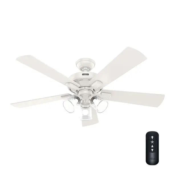 Add a touch of farmhouse flair to any interior living space with the Crestfield ceiling fan. Complete with glass-domed LED lighting and remote control for easy operation, the Crestfield achieves the perfect blend of rustic and casual. As a bonus, this ceiling fan has the cooling capacity to handle your home's largest spaces. Mix and match with other fans and lighting in our collections to update all your rooms. WhisperWind® whisper-quiet motor. Rated for indoor use only 3 bulbs included Handheld remote included WHISPER-QUIET MOTOR: 3-speed, WhisperWind® reversible motor for optimal performance in summer and winter. INDOOR FANS: Great for bedrooms, offices and great rooms. Make sure you get the right size for the best cooling efficiency. SNAP-ON BLADES: No tools required for blade installation. EASY CONTROL FUNCTION: Use the control to adjust the fan speed and dim the light. LARGE ROOM FAN: Ideal size for spaces like living rooms and bedrooms. STANDARD PROFILE MOUNTING: 3 inch downrod included. 140 YEARS OF QUALITY: Cutting-edge technology, American engineered, and ETL/UL tested for the highest safety standards — All backed by a limited lifetime motor warranty for peace of mind. COMPATIBLE ACCESSORIES: Works with Hunter and Casablanca accessories, not including Hunter Original® accessories WARRANTY: Limited Lifetime Motor Warranty backed by the only company with over 140 years in the fan business.