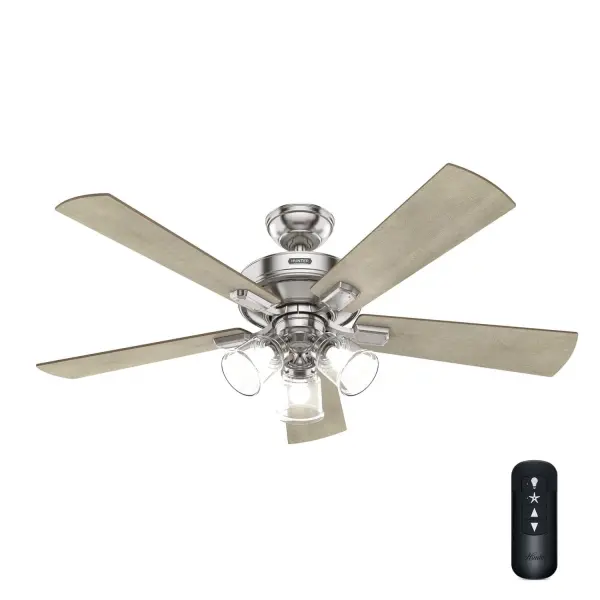 Add a touch of farmhouse flair to any interior living space with the Crestfield ceiling fan. Complete with glass-domed LED lighting and remote control for easy operation, the Crestfield achieves the perfect blend of rustic and casual. As a bonus, this ceiling fan has the cooling capacity to handle your home's largest spaces. Mix and match with other fans and lighting in our collections to update all your rooms. WhisperWind® whisper-quiet motor. Rated for indoor use only 3 bulbs included Handheld remote included WHISPER-QUIET MOTOR: 3-speed, WhisperWind® reversible motor for optimal performance in summer and winter. INDOOR FANS: Great for bedrooms, offices and great rooms. Make sure you get the right size for the best cooling efficiency. SNAP-ON BLADES: No tools required for blade installation. EASY CONTROL FUNCTION: Use the control to adjust the fan speed and dim the light. LARGE ROOM FAN: Ideal size for spaces like living rooms and bedrooms. STANDARD PROFILE MOUNTING: 3 inch downrod included. 140 YEARS OF QUALITY: Cutting-edge technology, American engineered, and ETL/UL tested for the highest safety standards — All backed by a limited lifetime motor warranty for peace of mind. COMPATIBLE ACCESSORIES: Works with Hunter and Casablanca accessories, not including Hunter Original® accessories WARRANTY: Limited Lifetime Motor Warranty backed by the only company with over 140 years in the fan business. - alternate view