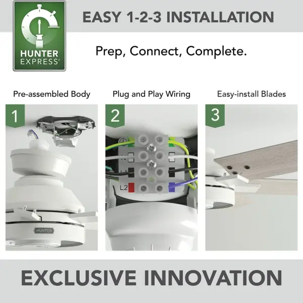 The HunterExpress® innovation of the Georgetown 52-inch fan with LED light makes installation as easy as 1-2-3. We designed the Georgetown with speed and ease in mind, and developed three-step prep, connect, and complete process to get your fan up and running. This fan provides airflow you can feel with Hunter's patented SureSpeed® technology. Consider adding the Georgetown to your bedroom or living space to relax in comfort. HunterExpress® fans are made for easy 1-2-3 installation. Built with our SureSpeed® Guarantee to deliver faster airflow you can feel. Rated for indoor use only LED light included EASY TO INSTALL: HunterExpress® fans are created for easy 1-2-3- installation that comes with a pre-assembled body, plug &amp; play wiring, and easy-install blades. AIRFLOW YOU FEEL: Built with our SureSpeed® Guarantee to deliver over 33% higher air velocity than leading competitors* while maintaining quiet, wobble-free performance. WHISPER-QUIET MOTOR: 4-speed, WhisperWind® reversible motor for optimal performance in summer and winter. LIGHT OUTPUT: Provides bright, white light. EASY CONTROL FUNCTION: Use the control to adjust the fan speed and dim the light. SNAP-ON BLADES: No tools required for blade installation. LARGE ROOM FAN: Ideal size for spaces like living rooms and bedrooms. STANDARD PROFILE MOUNTING: 3 inch downrod included. 140 YEARS OF QUALITY: Cutting-edge technology, American engineered, and ETL/UL tested for the highest safety standards — All backed by a limited lifetime motor warranty for peace of mind. COMPATIBLE ACCESSORIES: Works with Hunter and Casablanca accessories, not including Hunter Original® accessories. WARRANTY: Limited Lifetime Motor Warranty backed by the only company with over 130 years in the fan business. *Based on testing conducted January 2023 comparing the average high-speed airflow velocity of Hunter SureSpeed ceiling fans and the best-selling online models for leading competitors. - alternate view