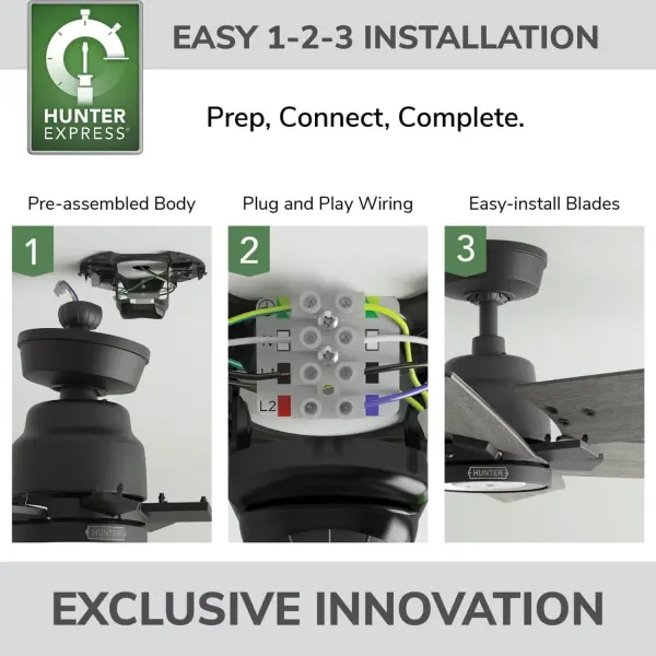 Exuding a casual modern style, the Aeropress Ceiling Fan effortlessly complements contemporary spaces, making it the perfect addition to your modern haven. But the Aeropress is more than just a visual treat. Its Reversible, 3-speed WhisperWind® motor ensures ultra-powerful air movement, all while maintaining a serene, whisper-quiet ambiance. No more choosing between power and peace. And with the Exclusive SureSpeed® Guarantee, expect nothing less than high-velocity, optimized airflow for the ultimate cooling experience. HunterExpress® fans are made for easy 1-2-3 installation. Built with our SureSpeed® Guarantee to deliver faster airflow you can feel. WhisperWind® whisper-quiet motor. Includes light kit with 1 bulb EASY TO INSTALL: HunterExpress® fans are created for easy 1-2-3- installation that comes with a pre-assembled body, plug & play wiring, and easy-install blades. AIRFLOW YOU FEEL: Built with our SureSpeed® Guarantee, this fan delivers high airflow velocity while maintaining quiet, wobble-free performance. WHISPER-QUIET MOTOR: WhisperWind® reversible motor for optimal performance in summer and winter. DURALIGHT LENS: Durable, shatter-resistant lens that enhances light output in your space effortlessly. INDOOR FANS: Great for bedrooms, offices and great rooms. Make sure you get the right size for the best cooling efficiency. PRE-INSTALLED RECEIVER: Remote receiver built into the fan. One less step for installation. LARGE ROOM FAN: Ideal size for spaces like living rooms and bedrooms. STANDARD PROFILE MOUNTING: 3.5 inch downrod included. 140 YEARS OF QUALITY: Cutting-edge technology, American engineered, and ETL/UL tested for the highest safety standards — All backed by a limited lifetime motor warranty for peace of mind. COMPATIBLE ACCESSORIES: Works with Hunter and Casablanca accessories, not including Hunter Original® accessories. WARRANTY: Limited Lifetime Motor Warranty backed by the only company with over 140 years in the fan business. *Based on testing conducted January 2023 comparing the average high-speed airflow velocity of Hunter SureSpeed ceiling fans and the best-selling online models for leading competitors. - alternate view