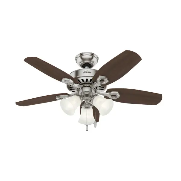 With a 42-inch blade span, the casual, traditional style of the Builder fan will complement the small rooms in your home without overpowering them. A mainstay in the Hunter® product line, these small ceiling fans with lights feature three-speed WhisperWind® motor technology to deliver quiet and ultra-powerful performance. WhisperWind® whisper-quiet motor. Rated for indoor use only 3 bulbs included Pull chains included WHISPER-QUIET MOTOR: WhisperWind® reversible motor for optimal performance in summer and winter. INDOOR FANS: Great for bedrooms, offices and great rooms. Make sure you get the right size for the best cooling efficiency. SMALL ROOM FAN: Ideal size for home offices, laundry rooms, and bedrooms. STANDARD PROFILE MOUNTING: 3 inch downrod included. 140 YEARS OF QUALITY: Cutting-edge technology, American engineered, and ETL/UL tested for the highest safety standards — All backed by a limited lifetime motor warranty for peace of mind. COMPATIBLE ACCESSORIES: Works with Hunter and Casablanca accessories, not including Hunter Original® accessories WARRANTY: Limited Lifetime Motor Warranty backed by the only company with over 140 years in the fan business