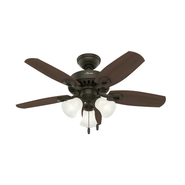 With a 42-inch blade span, the casual, traditional style of the Builder fan will complement the small rooms in your home without overpowering them. A mainstay in the Hunter® product line, these small ceiling fans with lights feature three-speed WhisperWind® motor technology to deliver quiet and ultra-powerful performance. WhisperWind® whisper-quiet motor. Rated for indoor use only 3 bulbs included Pull chains included WHISPER-QUIET MOTOR: WhisperWind® reversible motor for optimal performance in summer and winter. INDOOR FANS: Great for bedrooms, offices and great rooms. Make sure you get the right size for the best cooling efficiency. SMALL ROOM FAN: Ideal size for home offices, laundry rooms, and bedrooms. STANDARD PROFILE MOUNTING: 3 inch downrod included. 140 YEARS OF QUALITY: Cutting-edge technology, American engineered, and ETL/UL tested for the highest safety standards — All backed by a limited lifetime motor warranty for peace of mind. COMPATIBLE ACCESSORIES: Works with Hunter and Casablanca accessories, not including Hunter Original® accessories WARRANTY: Limited Lifetime Motor Warranty backed by the only company with over 140 years in the fan business - alternate view