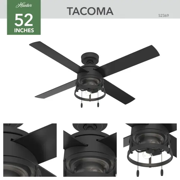 The Tacoma 52-inch ceiling fan effortlessly combines casual modern style with powerful performance. Designed for maximum cooling and energy efficiency, Tacoma features a sleek finish paired with a fresh, open-glass light kit for a clean, contemporary look. Its WhisperWind® reversible motor delivers whisper-quiet operation and optimal performance, keeping you cool in summer and cozy in winter. Say goodbye to noisy, outdated fans and hello to Tacoma's quiet power and seamless design. Built to check every box, it's the ultimate upgrade for any space. Cool, quiet, and stylish—Tacoma has it all. WhisperWind® whisper-quiet motor. Damp-rated for covered outdoor spaces Includes 2 4.5W energy-efficient LED bulbs Pull chains included WHISPER-QUIET MOTOR: WhisperWind® reversible motor for optimal performance in summer and winter. DAMP-RATED: A great option for covered patios, screened porches, and other areas that are not directly exposed to rain, snow, water, or moisture. LARGE ROOM FAN: Ideal size for spaces like living rooms and bedrooms. STANDARD PROFILE MOUNTING: 3 inch downrod included. 140 YEARS OF QUALITY: Cutting-edge technology, American engineered, and ETL/UL tested for the highest safety standards — All backed by a limited lifetime motor warranty for peace of mind. COMPATIBLE ACCESSORIES: Works with Hunter and Casablanca accessories, not including Hunter Original® accessories WARRANTY: Limited Lifetime Motor Warranty backed by the only company with over 140 years in the fan business - alternate view