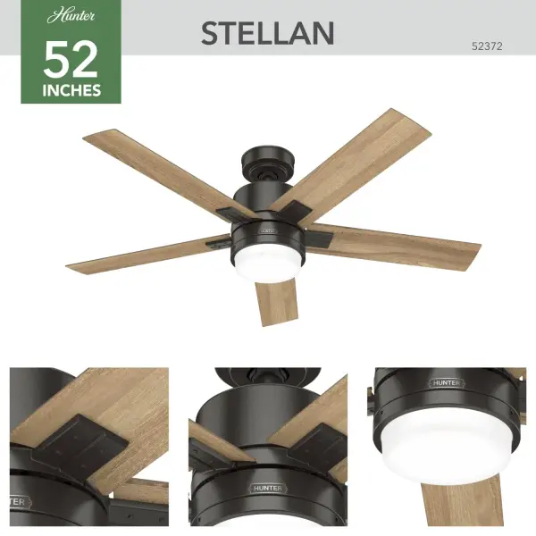 Introducing the Stellan ceiling can - a harmonious blend of casual elegance and transitional design. Crafted to seamlessly fit into any modern living space, its sleek contours and timeless aesthetics make it a standout piece. But it's not just about looks; the Stellan boasts the cutting-edge WhisperWind® motor delivers ultra-powerful air movement with whisper-quiet performance so you get the cooling power you want without the noise you don't™. Experience the perfect fusion of style and functionality with the Stellan Ceiling Fan. Built with our SureSpeed® Guarantee to deliver faster airflow you can feel. WhisperWind® whisper-quiet motor. Rated for indoor use only Includes Integrated light kit AIRFLOW YOU FEEL: Built with our SureSpeed® Guarantee, this fan delivers high airflow velocity while maintaining quiet, wobble-free performance. WHISPER-QUIET MOTOR: WhisperWind® reversible motor for optimal performance in summer and winter. PRE-INSTALLED RECEIVER: Remote receiver built into the fan. One less step for installation. EASY REMOTE FUNCTION: Use the control to adjust the fan speed, dim the light, and reverse the motor seasonally. EASY CONTROL FUNCTION: Use the control to adjust the fan speed and dim the light. LARGE ROOM FAN: Ideal size for spaces like living rooms and bedrooms. STANDARD PROFILE MOUNTING: 3 inch downrod included. 140 YEARS OF QUALITY: Cutting-edge technology, American engineered, and ETL/UL tested for the highest safety standards — All backed by a limited lifetime motor warranty for peace of mind. COMPATIBLE ACCESSORIES: Works with Hunter and Casablanca accessories, not including Hunter Original® accessories WARRANTY: Limited Lifetime Motor Warranty backed by the only company with over 140 years in the fan business. *Based on testing conducted January 2023 comparing the average high-speed airflow velocity of Hunter SureSpeed ceiling fans and the best-selling online models for leading competitors. - alternate view