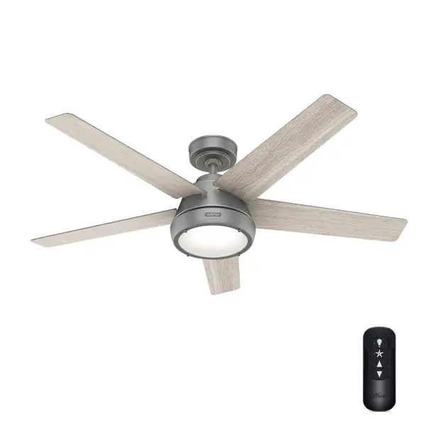 The Burroughs is an all-around cool fan. Its organic modern design is sleek but features subtle geometric inspirations and wood grain blade finishes for a balanced look. This modern ceiling fan is built with our SureSpeed® Guarantee, delivering optimized, high-speed airflow you'll appreciate in your small spaces during warmer months. Multiple finishes and affordable prices make this fan an easy choice. Built with our SureSpeed® Guarantee to deliver faster airflow you can feel WhisperWind® whisper-quiet motor. Rated for indoor use only Includes light kit AIRFLOW YOU FEEL: Built with our SureSpeed® Guarantee, this fan delivers high airflow velocity while maintaining quiet, wobble-free performance. WHISPER-QUIET MOTOR: 3-speed, WhisperWind® reversible motor for optimal performance in summer and winter. PRE-INSTALLED RECEIVER: Control receiver built into the fan. One less step for installation. EASY CONTROL FUNCTION: Use the control to adjust the fan speed and dim the light. LARGE ROOM FAN: Ideal size for spaces like living rooms and bedrooms. STANDARD PROFILE MOUNTING: 3 inch downrod included. 140 YEARS OF QUALITY: Cutting-edge technology, American engineered, and ETL/UL tested for the highest safety standards — All backed by a limited lifetime motor warranty for peace of mind. COMPATIBLE ACCESSORIES: Works with Hunter and Casablanca accessories, not including Hunter Original® accessories. WARRANTY: Limited Lifetime Motor Warranty backed by the only company with over 140 years in the fan business. *Based on testing conducted January 2023 comparing the average high-speed airflow velocity of Hunter SureSpeed ceiling fans and the best-selling online models for leading competitors.