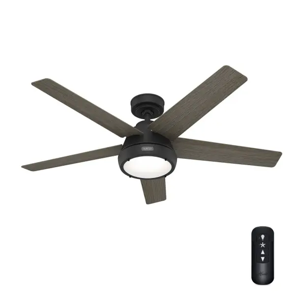The Burroughs is an all-around cool fan. Its organic modern design is sleek but features subtle geometric inspirations and wood grain blade finishes for a balanced look. This modern ceiling fan is built with our SureSpeed® Guarantee, delivering optimized, high-speed airflow you'll appreciate in your small spaces during warmer months. Multiple finishes and affordable prices make this fan an easy choice. Built with our SureSpeed® Guarantee to deliver faster airflow you can feel WhisperWind® whisper-quiet motor. Rated for indoor use only Includes light kit AIRFLOW YOU FEEL: Built with our SureSpeed® Guarantee, this fan delivers high airflow velocity while maintaining quiet, wobble-free performance. WHISPER-QUIET MOTOR: 3-speed, WhisperWind® reversible motor for optimal performance in summer and winter. PRE-INSTALLED RECEIVER: Control receiver built into the fan. One less step for installation. EASY CONTROL FUNCTION: Use the control to adjust the fan speed and dim the light. LARGE ROOM FAN: Ideal size for spaces like living rooms and bedrooms. STANDARD PROFILE MOUNTING: 3 inch downrod included. 140 YEARS OF QUALITY: Cutting-edge technology, American engineered, and ETL/UL tested for the highest safety standards — All backed by a limited lifetime motor warranty for peace of mind. COMPATIBLE ACCESSORIES: Works with Hunter and Casablanca accessories, not including Hunter Original® accessories. WARRANTY: Limited Lifetime Motor Warranty backed by the only company with over 140 years in the fan business. *Based on testing conducted January 2023 comparing the average high-speed airflow velocity of Hunter SureSpeed ceiling fans and the best-selling online models for leading competitors. - alternate view