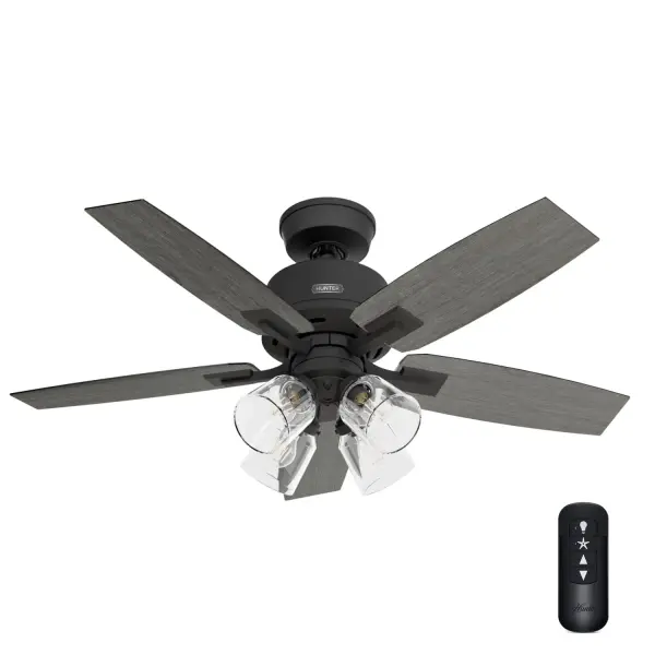 Captivate your senses with the clean, classic lines of this Gatlinburg ceiling fan. The simplistic design matches the soothing look of the multiple finish while seamlessly blending into a variety of decors. Updating your room is a breeze with our HunterExpress® fans, making installation as easy as 1-2-3. Great in a bedroom or office it's the perfect match for almost any space. Mix and match with modern lighting from our lighting collections. We have everything you need to finish your rooms with style. HunterExpress® fans are made for easy 1-2-3 installation. Built with our SureSpeed® Guarantee to deliver faster airflow you can feel. Rated for indoor use only LED Bulbs included EASY TO INSTALL: HunterExpress® fans are created for easy 1-2-3- installation that comes with a pre-assembled body, plug & play wiring, and easy-install blades. AIRFLOW YOU FEEL: Built with our SureSpeed® Guarantee to deliver over 33% higher air velocity than leading competitors* while maintaining quiet, wobble-free performance. WHISPER-QUIET MOTOR: WhisperWind® reversible motor for optimal performance in summer and winter. INDOOR FANS: Great for bedrooms, offices and great rooms. Make sure you get the right size for the best cooling efficiency. EASY REMOTE FUNCTION: Use the control to adjust the fan speed, dim the light, and reverse the motor seasonally. 4 Bulbs, 4.7 wattage, A15 LED bulb type included STANDARD PROFILE MOUNTING: 3 inch downrod included. 140 YEARS OF QUALITY: Cutting-edge technology, American engineered, and ETL/UL tested for the highest safety standards — All backed by a limited lifetime motor warranty for peace of mind. COMPATIBLE ACCESSORIES: Works with Hunter and Casablanca fans, except for Hunter Original models and those featuring a DC motor with pull chain. WARRANTY: Limited Lifetime Motor Warranty backed by the only company with over 140 years in the fan business. *Based on testing conducted January 2023 comparing the average high-speed airflow velocity of Hunter SureSpeed ceiling fans and the best-selling online models for leading competitors.