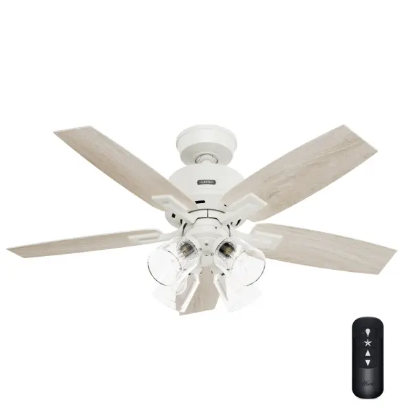 Captivate your senses with the clean, classic lines of this Gatlinburg ceiling fan. The simplistic design matches the soothing look of the multiple finish while seamlessly blending into a variety of decors. Updating your room is a breeze with our HunterExpress® fans, making installation as easy as 1-2-3. Great in a bedroom or office it's the perfect match for almost any space. Mix and match with modern lighting from our lighting collections. We have everything you need to finish your rooms with style. HunterExpress® fans are made for easy 1-2-3 installation. Built with our SureSpeed® Guarantee to deliver faster airflow you can feel. Rated for indoor use only LED Bulbs included EASY TO INSTALL: HunterExpress® fans are created for easy 1-2-3- installation that comes with a pre-assembled body, plug &amp; play wiring, and easy-install blades. AIRFLOW YOU FEEL: Built with our SureSpeed® Guarantee to deliver over 33% higher air velocity than leading competitors* while maintaining quiet, wobble-free performance. WHISPER-QUIET MOTOR: WhisperWind® reversible motor for optimal performance in summer and winter. INDOOR FANS: Great for bedrooms, offices and great rooms. Make sure you get the right size for the best cooling efficiency. EASY REMOTE FUNCTION: Use the control to adjust the fan speed, dim the light, and reverse the motor seasonally. 4 Bulbs, 4.7 wattage, A15 LED bulb type included STANDARD PROFILE MOUNTING: 3 inch downrod included. 140 YEARS OF QUALITY: Cutting-edge technology, American engineered, and ETL/UL tested for the highest safety standards — All backed by a limited lifetime motor warranty for peace of mind. COMPATIBLE ACCESSORIES: Works with Hunter and Casablanca fans, except for Hunter Original models and those featuring a DC motor with pull chain. WARRANTY: Limited Lifetime Motor Warranty backed by the only company with over 140 years in the fan business. *Based on testing conducted January 2023 comparing the average high-speed airflow velocity of Hunter SureSpeed ceiling fans and the best-selling online models for leading competitors. - alternate view