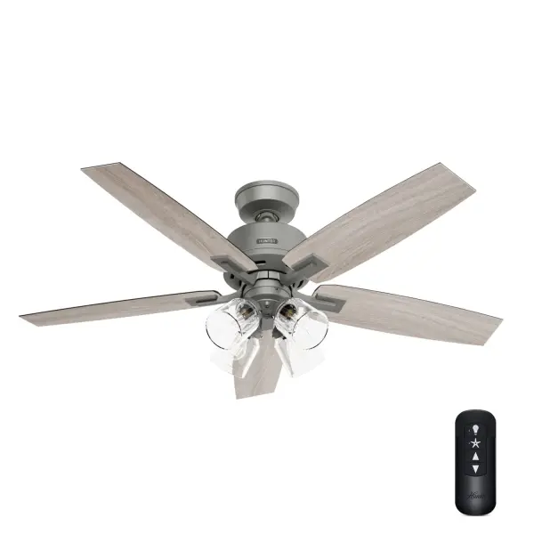 A graceful spin on tradition, the Gatlinburg ceiling fan is both casual and transitional in style. The simplistic design matches the soothing look of the multiple finish while seamlessly blending into a variety of decors. Great in a bedroom or office it's the perfect match for almost any space. Mix and match with modern lighting from our lighting collections. We have everything you need to finish your rooms with style. HunterExpress® fans are made for easy 1-2-3 installation. Built with our SureSpeed® Guarantee to deliver faster airflow you can feel. Rated for indoor use only LED Bulbs included EASY TO INSTALL: HunterExpress® fans are created for easy 1-2-3- installation that comes with a pre-assembled body, plug &amp; play wiring, and easy-install blades. AIRFLOW YOU FEEL: Built with our SureSpeed® Guarantee to deliver over 33% higher air velocity than leading competitors* while maintaining quiet, wobble-free performance. WHISPER-QUIET MOTOR: WhisperWind® reversible motor for optimal performance in summer and winter. INDOOR FANS: Great for bedrooms, offices and great rooms. Make sure you get the right size for the best cooling efficiency. EASY REMOTE FUNCTION: Use the control to adjust the fan speed, dim the light, and reverse the motor seasonally. STANDARD PROFILE MOUNTING: 3 inch downrod included. 140 YEARS OF QUALITY: Cutting-edge technology, American engineered, and ETL/UL tested for the highest safety standards — All backed by a limited lifetime motor warranty for peace of mind. COMPATIBLE ACCESSORIES: Works with Hunter and Casablanca fans, except for Hunter Original models and those featuring a DC motor with pull chain. WARRANTY: Limited Lifetime Motor Warranty backed by the only company with over 140 years in the fan business. *Based on testing conducted January 2023 comparing the average high-speed airflow velocity of Hunter SureSpeed ceiling fans and the best-selling online models for leading competitors.