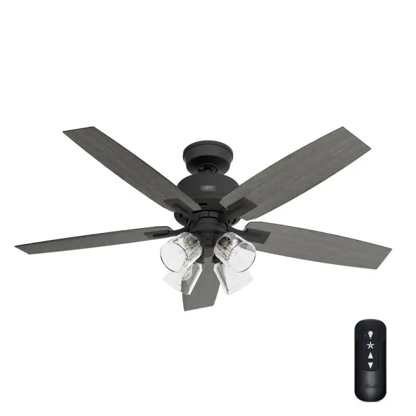 A graceful spin on tradition, the Gatlinburg ceiling fan is both casual and transitional in style. The simplistic design matches the soothing look of the multiple finish while seamlessly blending into a variety of decors. Great in a bedroom or office it's the perfect match for almost any space. Mix and match with modern lighting from our lighting collections. We have everything you need to finish your rooms with style. HunterExpress® fans are made for easy 1-2-3 installation. Built with our SureSpeed® Guarantee to deliver faster airflow you can feel. Rated for indoor use only LED Bulbs included EASY TO INSTALL: HunterExpress® fans are created for easy 1-2-3- installation that comes with a pre-assembled body, plug &amp; play wiring, and easy-install blades. AIRFLOW YOU FEEL: Built with our SureSpeed® Guarantee to deliver over 33% higher air velocity than leading competitors* while maintaining quiet, wobble-free performance. WHISPER-QUIET MOTOR: WhisperWind® reversible motor for optimal performance in summer and winter. INDOOR FANS: Great for bedrooms, offices and great rooms. Make sure you get the right size for the best cooling efficiency. EASY REMOTE FUNCTION: Use the control to adjust the fan speed, dim the light, and reverse the motor seasonally. STANDARD PROFILE MOUNTING: 3 inch downrod included. 140 YEARS OF QUALITY: Cutting-edge technology, American engineered, and ETL/UL tested for the highest safety standards — All backed by a limited lifetime motor warranty for peace of mind. COMPATIBLE ACCESSORIES: Works with Hunter and Casablanca fans, except for Hunter Original models and those featuring a DC motor with pull chain. WARRANTY: Limited Lifetime Motor Warranty backed by the only company with over 140 years in the fan business. *Based on testing conducted January 2023 comparing the average high-speed airflow velocity of Hunter SureSpeed ceiling fans and the best-selling online models for leading competitors. - alternate view