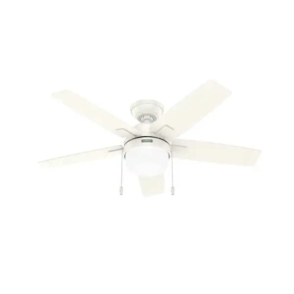 The Anisten ceiling fan brings a contemporary, modern touch to your bedroom or living room. It features clean lines and neutral finishes, making it an ideal complement to your modern decor. With LED bulbs and durable plastic light cover, it ensures that it's practical as well as pretty. Our WhisperWind® technology makes it easy for you to install it and forget it's there since its runs so quietly. The affordable price of the Anisten makes it a good buy for any budget. Installation made easy with Hunter's 3D InterActive Guide. WhisperWind® whisper-quiet motor. Rated for indoor use only 2 bulbs included DIGITAL MANUAL: Installation made easy with Hunter's 3D InterActive Guide—just scan the QR code for quick setup. WHISPER-QUIET MOTOR: 3-speed, WhisperWind® reversible motor for optimal performance in summer and winter. SMALL ROOM FAN: Ideal size for home offices, laundry rooms, and bedrooms. STANDARD PROFILE MOUNTING: 3 inch downrod included. 140 YEARS OF QUALITY: Cutting-edge technology, American engineered, and ETL/UL tested for the highest safety standards — All backed by a limited lifetime motor warranty for peace of mind. COMPATIBLE ACCESSORIES: Works with Hunter and Casablanca accessories, not including Hunter Original® accessories. WARRANTY: Limited Lifetime Motor Warranty backed by the only company with over 140 years in the fan business.