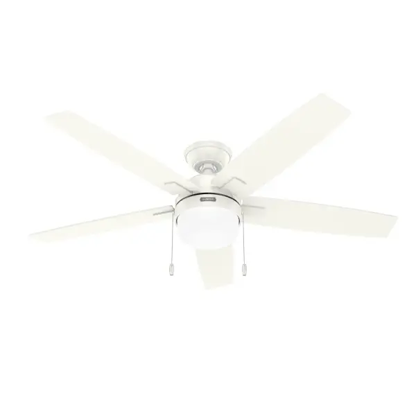 The Anisten ceiling fan brings a contemporary, modern touch to your bedroom or living room. It features clean lines and neutral finishes, making it an ideal complement to your modern decor. With LED bulbs and a durable plastic light cover, it ensures that it's practical as well as pretty. Our WhisperWind® technology makes it easy for you to install it and forget it's there since its runs so quietly. The affordable price of the Anisten makes it a good buy for any budget. Installation made easy with Hunter's 3D InterActive Guide. WhisperWind® whisper-quiet motor. Rated for indoor use only 2 bulbs included DIGITAL MANUAL: Installation made easy with Hunter's 3D InterActive Guide—just scan the QR code for quick setup. WHISPER-QUIET MOTOR: 3-speed, WhisperWind® reversible motor for optimal performance in summer and winter. INDOOR FANS: Great for bedrooms, offices and great rooms. Make sure you get the right size for the best cooling efficiency. LARGE ROOM FAN: Ideal size for spaces like living rooms and bedrooms. STANDARD PROFILE MOUNTING: 3 inch downrod included. 140 YEARS OF QUALITY: Cutting-edge technology, American engineered, and ETL/UL tested for the highest safety standards — All backed by a limited lifetime motor warranty for peace of mind. WARRANTY: 5 Year Motor Warranty backed by the only company with over 140 years in the fan business. COMPATIBLE ACCESSORIES: Works with Hunter and Casablanca accessories, not including Hunter Original® accessories. - alternate view