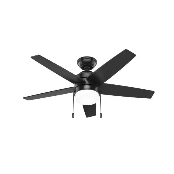 The Bardot ceiling fan is ideal for bedrooms and other indoor spaces where style and energy efficiency are a must. With modern lines, unique design, and durable plastic light cover, this fan will upgrade any room with its LED bulbs that use up less energy than incandescent bulbs. The reversible, 3-speed WhisperWind® motor delivers ultra-powerful air movement with whisper-quiet performance so you get the cooling power you want without the noise you don't™. WhisperWind® whisper-quiet motor. Rated for indoor use only 2 bulbs included Pull chains included WHISPER-QUIET MOTOR: 3-speed, WhisperWind® reversible motor for optimal performance in summer and winter. INDOOR FANS: Great for bedrooms, offices and great rooms. Make sure you get the right size for the best cooling efficiency. SMALL ROOM FAN: Ideal size for home offices, laundry rooms, and bedrooms. STANDARD PROFILE MOUNTING: 2 inch downrod included. 140 YEARS OF QUALITY: Cutting-edge technology, American engineered, and ETL/UL tested for the highest safety standards — All backed by a limited lifetime motor warranty for peace of mind. COMPATIBLE ACCESSORIES: Works with Hunter and Casablanca accessories, not including Hunter Original® accessories. WARRANTY: Limited Lifetime Motor Warranty backed by the only company with over 140 years in the fan business. - alternate view