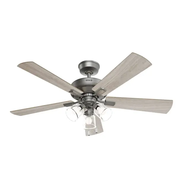 Experience the charm of farmhouse-inspired style in your home by incorporating the Crestfield ceiling fan. With its rustic appeal and effortless installation process using our HunterExpress® Easy 1-2-3 Installation, this fan is designed to elevate any interior. The inclusion of clear glass shades adds a touch of elegance to its overall aesthetic. Discover the Crestfield ceiling fan and transform your living space with flair. HunterExpress® fans are made for easy 1-2-3 installation. WhisperWind® whisper-quiet motor. Rated for indoor use only 3 bulbs included EASY TO INSTALL: HunterExpress® fans are created for easy 1-2-3- installation that comes with a pre-assembled body, plug &amp; play wiring, and easy-install blades. WHISPER-QUIET MOTOR: 3-speed, WhisperWind® reversible motor for optimal performance in summer and winter. SNAP-ON BLADES: No tools required for blade installation. EASY CONTROL FUNCTION: Use the control to adjust the fan speed and dim the light. LARGE ROOM FAN: Ideal size for spaces like living rooms and bedrooms. STANDARD PROFILE MOUNTING: 3.5 inch downrod included. 140 YEARS OF QUALITY: Cutting-edge technology, American engineered, and ETL/UL tested for the highest safety standards — All backed by a limited lifetime motor warranty for peace of mind. COMPATIBLE ACCESSORIES: Works with Hunter and Casablanca accessories, not including Hunter Original® accessories. WARRANTY: Limited Lifetime Motor Warranty backed by the only company with over 140 years in the fan business.