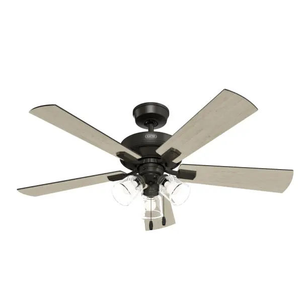Experience the charm of farmhouse-inspired style in your home by incorporating the Crestfield ceiling fan. With its rustic appeal and effortless installation process using our HunterExpress® Easy 1-2-3 Installation, this fan is designed to elevate any interior. The inclusion of clear glass shades adds a touch of elegance to its overall aesthetic. Discover the Crestfield ceiling fan and transform your living space with flair. HunterExpress® fans are made for easy 1-2-3 installation. WhisperWind® whisper-quiet motor. Rated for indoor use only 3 bulbs included EASY TO INSTALL: HunterExpress® fans are created for easy 1-2-3- installation that comes with a pre-assembled body, plug &amp; play wiring, and easy-install blades. WHISPER-QUIET MOTOR: 3-speed, WhisperWind® reversible motor for optimal performance in summer and winter. SNAP-ON BLADES: No tools required for blade installation. EASY CONTROL FUNCTION: Use the control to adjust the fan speed and dim the light. LARGE ROOM FAN: Ideal size for spaces like living rooms and bedrooms. STANDARD PROFILE MOUNTING: 3.5 inch downrod included. 140 YEARS OF QUALITY: Cutting-edge technology, American engineered, and ETL/UL tested for the highest safety standards — All backed by a limited lifetime motor warranty for peace of mind. COMPATIBLE ACCESSORIES: Works with Hunter and Casablanca accessories, not including Hunter Original® accessories. WARRANTY: Limited Lifetime Motor Warranty backed by the only company with over 140 years in the fan business. - alternate view