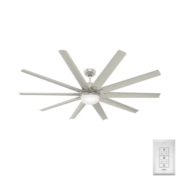 A ten-blade design, powerful high-speed cooling, and 72-inch blade span make the Overton a perfect fit in open-concept living rooms and large, covered patios. Built with our SureSpeed® Guarantee of Faster Cooling Power®, this outdoor ceiling fan delivers optimal, high-speed cooling while remaining whisper quiet. As a Hunter ENERGY STAR® certified ceiling fan, the Overton is 64% more efficient on average than conventional fans* while helping you save you money on cooling costs. Built with our SureSpeed® Guarantee to deliver faster airflow you can feel Hunter's ENERGY STAR® certified ceiling fans are 64% more energy efficient.* Damp-rated for covered outdoor spaces 2 bulbs included AIRFLOW YOU FEEL: Built with our SureSpeed® Guarantee to deliver over 33% higher air velocity than leading competitors* while maintaining quiet, wobble-free performance. ENERGY EFFICIENT: Hunter's ENERGY STAR® certified ceiling fans are 64% more efficient on average than conventional fans* while helping you save you money on cooling costs. WHISPER-QUIET MOTOR: 6-speed, DC reversible motor for optimal performance in summer and winter. EASY CONTROL FUNCTION: Use the control to adjust the fan speed and dim the light. GREAT ROOM FAN: Ideal size for great rooms, open concept spaces, and lofts. STANDARD PROFILE MOUNTING: 3 inch downrod included. 140 YEARS OF QUALITY: Cutting-edge technology, American engineered, and ETL/UL tested for the highest safety standards — All backed by a limited lifetime motor warranty for peace of mind. COMPATIBLE ACCESSORIES: Works with Hunter and Casablanca accessories, not including Hunter Original® accessories WARRANTY: Limited Lifetime Motor Warranty backed by the only company with over 140 years in the fan business *Based on testing conducted January 2023 comparing the average high-speed airflow velocity of Hunter SureSpeed ceiling fans and the best-selling online models for leading competitors. *Comparing minimum efficiency standards for ENERGY STAR certified fans to non-Energy-certified fans.