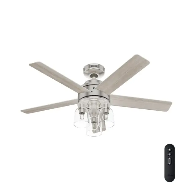 With its sleek design, the Lochemeade ceiling fan is the unsung hero of comfort, ready to elevate any room it graces. But this fan isn't just about good looks. Armed with the Exclusive SureSpeed® Guarantee, it's like having a turbo-charged wind machine, optimized to deliver the ultimate high-speed cooling experience. The reversible, 3-speed WhisperWind® motor steps in, offering ultra-powerful air movement that's as quiet as a secret. With the Lochemeade Ceiling Fan, you're always in control, enjoying the cooling power you desire, minus the noise you'd rather not have. It's time to turn every room into a cool haven with Lochemeade! Built with our SureSpeed® Guarantee to deliver faster airflow you can feel. WhisperWind® whisper-quiet motor. Rated for indoor use only Includes 3 light kit AIRFLOW YOU FEEL: Built with our SureSpeed® Guarantee, this fan delivers high airflow velocity while maintaining quiet, wobble-free performance. WHISPER-QUIET MOTOR: WhisperWind® reversible motor for optimal performance in summer and winter. INDOOR FANS: Great for bedrooms, offices and great rooms. Make sure you get the right size for the best cooling efficiency. PRE-INSTALLED RECEIVER: Remote receiver built into the fan. One less step for installation. EASY CONTROL FUNCTION: Use the control to adjust the fan speed and dim the light. LARGE ROOM FAN: Ideal size for spaces like living rooms and bedrooms. STANDARD PROFILE MOUNTING: 3 inch downrod included. 140 YEARS OF QUALITY: Cutting-edge technology, American engineered, and ETL/UL tested for the highest safety standards — All backed by a limited lifetime motor warranty for peace of mind. COMPATIBLE ACCESSORIES: Works with Hunter and Casablanca accessories, not including Hunter Original® accessories. WARRANTY: Limited Lifetime Motor Warranty backed by the only company with over 140 years in the fan business. *Based on testing conducted January 2023 comparing the average high-speed airflow velocity of Hunter SureSpeed ceiling fans and the best-selling online models for leading competitors.