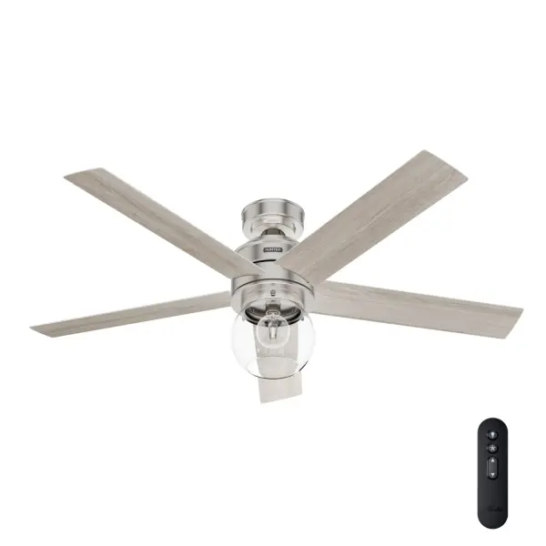 The Xidane Ceiling Fan embodies a perfect blend of subtle elegance and superior performance, defining the essence of transitional design coupled with state-of-the-art functionality. Xidane stands as a sophisticated, unobtrusive conductor of air, expertly tailored to create an ideal atmosphere in any room. Hidden beneath its refined exterior is the robust Reversible, 3-speed WhisperWind® motor, ensuring effective air movement with the quietness of a soft whisper. Further enhancing its prowess, the Exclusive SureSpeed® Guarantee promises consistent, high-speed cooling for those times when an extra boost is needed. The Xidane Ceiling Fan is a commitment to a serene, efficiently cooled living space. Built with our SureSpeed® Guarantee to deliver faster airflow you can feel. WhisperWind® whisper-quiet motor. Rated for indoor use only Includes 1 bulb AIRFLOW YOU FEEL: Built with our SureSpeed® Guarantee, this fan delivers high airflow velocity while maintaining quiet, wobble-free performance. WHISPER-QUIET MOTOR: WhisperWind® reversible motor for optimal performance in summer and winter. PRE-INSTALLED RECEIVER: Remote receiver built into the fan. One less step for installation. GREAT ROOM FAN: Ideal size for great rooms, open concept spaces, and lofts. EASY CONTROL FUNCTION: Use the control to adjust the fan speed and dim the light. STANDARD PROFILE MOUNTING: 2 inch downrod included. 140 YEARS OF QUALITY: Cutting-edge technology, American engineered, and ETL/UL tested for the highest safety standards — All backed by a limited lifetime motor warranty for peace of mind. COMPATIBLE ACCESSORIES: Works with Hunter and Casablanca accessories, not including Hunter Original® accessories. WARRANTY: Limited Lifetime Motor Warranty backed by the only company with over 140 years in the fan business. *Based on testing conducted January 2023 comparing the average high-speed airflow velocity of Hunter SureSpeed ceiling fans and the best-selling online models for leading competitors.