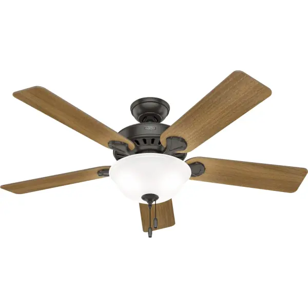 Available in multiple finishes and boasting a 52 inch blade span, the Pro's Best ceiling fan adds a touch of traditional style that perfectly complements the classic aesthetics of your home. This fan is powered by a WhisperWind® DC motor, which is reversible and features three speeds, ensuring ultra-powerful performance with minimal noise. Now enhanced with our 6-speed DC motor integration, the Pro's Best ceiling fan delivers the ultimate in efficient and quiet operation. Experience the reliability of one of the best brands of ceiling fans on the market. Hunter's ENERGY STAR® certified ceiling fans are 64% more energy efficient* Our 6-speed WhisperWind® DC motor provides the ultimate in efficient and quiet operation. Rated for indoor use only 2 bulbs included ENERGY EFFICIENT: Hunter's ENERGY STAR® certified ceiling fans are 64% more efficient on average than conventional fans* while helping you save you money on cooling costs. CEILING HEIGHT: This fan is wired for a downrod up to 12 inches in length. DOWNROD EXTENSION: For an extension downrod longer than 12 inches, use our DC Accessory Wire Kits—choose from 99696 (18-24 inches), 99697 (36-48 inches), or 99698 (60-72 inches) based on your required length. LARGE ROOM FAN: Ideal size for spaces like living rooms and bedrooms. STANDARD PROFILE MOUNTING: 3 inch downrod included. 140 YEARS OF QUALITY: Cutting-edge technology, American engineered, and ETL/UL tested for the highest safety standards — All backed by a limited lifetime motor warranty for peace of mind. WARRANTY: Limited Lifetime Motor Warranty backed by the only company with over 140 years in the fan business