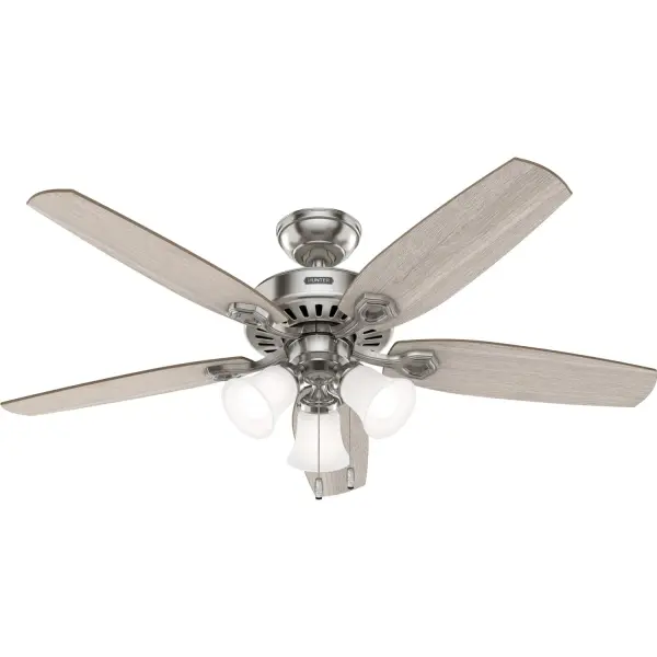 Featuring a 52 inch blade span and available in four distinct finishes, the Builder ceiling fan seamlessly blends into any standard or large room in your home with its casual, traditional style. A cornerstone of the Hunter® collection, these ceiling fans are equipped with a three-speed WhisperWind® motor technology, ensuring ultra-powerful performance with minimal noise. Now, with the addition of our 6-speed DC motor, the Builder Elite offers the ultimate in efficient and quiet operation, further enhancing your comfort and convenience. Hunter's ENERGY STAR® certified ceiling fans are 64% more energy efficient* Our 6-speed WhisperWind® DC motor provides the ultimate in efficient and quiet operation. Rated for indoor use only 3 bulbs included ENERGY EFFICIENT: Hunter's ENERGY STAR® certified ceiling fans are 64% more efficient on average than conventional fans* while helping you save you money on cooling costs. INDOOR FANS: Great for bedrooms, offices and great rooms. Make sure you get the right size for the best cooling efficiency. CEILING HEIGHT: This fan is wired for a downrod up to 12 inches in length. DOWNROD EXTENSION: For an extension downrod longer than 12 inches, use our DC Accessory Wire Kits—choose from 99696 (18-24 inches), 99697 (36-48 inches), or 99698 (60-72 inches) based on your required length. LARGE ROOM FAN: Ideal size for spaces like living rooms and bedrooms. STANDARD PROFILE MOUNTING: 3 inch downrod included. 140 YEARS OF QUALITY: Cutting-edge technology, American engineered, and ETL/UL tested for the highest safety standards — All backed by a limited lifetime motor warranty for peace of mind. COMPATIBLE ACCESSORIES: Works with Hunter and Casablanca fans, except for Hunter Original models and those featuring a DC motor with pull chain. WARRANTY: Limited Lifetime Motor Warranty backed by the only company with over 140 years in the fan business.