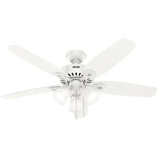 Featuring a 52 inch blade span and available in four distinct finishes, the Builder ceiling fan seamlessly blends into any standard or large room in your home with its casual, traditional style. A cornerstone of the Hunter® collection, these ceiling fans are equipped with a three-speed WhisperWind® motor technology, ensuring ultra-powerful performance with minimal noise. Now, with the addition of our 6-speed DC motor, the Builder Elite offers the ultimate in efficient and quiet operation, further enhancing your comfort and convenience. Hunter's ENERGY STAR® certified ceiling fans are 64% more energy efficient* Our 6-speed WhisperWind® DC motor provides the ultimate in efficient and quiet operation. Rated for indoor use only 3 bulbs included ENERGY EFFICIENT: Hunter's ENERGY STAR® certified ceiling fans are 64% more efficient on average than conventional fans* while helping you save you money on cooling costs. INDOOR FANS: Great for bedrooms, offices and great rooms. Make sure you get the right size for the best cooling efficiency. CEILING HEIGHT: This fan is wired for a downrod up to 12 inches in length. DOWNROD EXTENSION: For an extension downrod longer than 12 inches, use our DC Accessory Wire Kits—choose from 99696 (18-24 inches), 99697 (36-48 inches), or 99698 (60-72 inches) based on your required length. LARGE ROOM FAN: Ideal size for spaces like living rooms and bedrooms. STANDARD PROFILE MOUNTING: 3 inch downrod included. 140 YEARS OF QUALITY: Cutting-edge technology, American engineered, and ETL/UL tested for the highest safety standards — All backed by a limited lifetime motor warranty for peace of mind. COMPATIBLE ACCESSORIES: Works with Hunter and Casablanca fans, except for Hunter Original models and those featuring a DC motor with pull chain. WARRANTY: Limited Lifetime Motor Warranty backed by the only company with over 140 years in the fan business. *Comparing minimum efficiency standards for ENERGY STAR certified fans to non-Energy-certified fans. - alternate view
