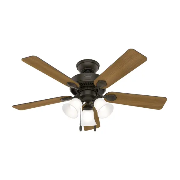 Embrace the classic charm of the Swanson Ceiling Fan, a perfect blend of traditional style and modern efficiency. Designed to complement classic interiors, its elegant form exudes a timeless appeal. The fan is equipped with a 4-speed DC motor, offering energy-efficient performance and quiet operation. Ideal for rooms seeking a touch of tradition without sacrificing contemporary technology, the Swanson Ceiling Fan is a testament to enduring elegance and modern functionality. Make a statement in your space with Swanson, where ageless design meets modern-day efficiency. Hunter's ENERGY STAR® certified ceiling fans are 64% more energy efficient* Rated for indoor use only 3 LED light bulbs Pull chain Included ENERGY EFFICIENT: Hunter's ENERGY STAR® certified ceiling fans are 64% more efficient on average than conventional fans* while helping you save you money on cooling costs. Indoor fans are great for bedrooms, offices and great rooms. Make sure you get the right size for the best cooling efficiency. DOWNROD EXTENSION: For an extension downrod longer than 12 inches, use our DC Accessory Wire Kits—choose from 99696 (18-24 inches), 99697 (36-48 inches), or 99698 (60-72 inches) based on your required length. SMALL ROOM FAN: Ideal size for home offices, laundry rooms, and bedrooms. STANDARD PROFILE MOUNTING: 2 inch downrod included. CEILING HEIGHT: This fan is wired for a downrod up to 12 inches in length. 140 YEARS OF QUALITY: Cutting-edge technology, American engineered, and ETL/UL tested for the highest safety standards — All backed by a limited lifetime motor warranty for peace of mind. WARRANTY: Limited Lifetime Motor Warranty backed by the only company with over 140 years in the fan business - alternate view