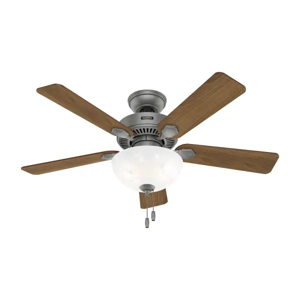 Embrace the classic charm of the Swanson Ceiling Fan, a perfect blend of traditional style and modern efficiency. Designed to complement classic interiors, its elegant form exudes a timeless appeal. The fan is equipped with a 4-speed DC motor, offering energy-efficient performance and quiet operation. Ideal for rooms seeking a touch of tradition without sacrificing contemporary technology, the Swanson Ceiling Fan is a testament to enduring elegance and modern functionality. Make a statement in your space with Swanson, where ageless design meets modern-day efficiency. Hunter's ENERGY STAR® certified ceiling fans are 64% more energy efficient* Our 4-speed EcoWhisper DC motor delivers efficient and quiet performance. Rated for indoor use only 2 LED bulbs included ENERGY EFFICIENT: Hunter's ENERGY STAR® certified ceiling fans are 64% more efficient on average than conventional fans* while helping you save you money on cooling costs. REVERSIBLE MOTOR: Our 6-speed EcoWhisper DC motor provides the ultimate in efficient and quiet operation. SMALL ROOM FAN: Ideal size for home offices, laundry rooms, and bedrooms. STANDARD PROFILE MOUNTING: 2 inch downrod included. CEILING HEIGHT: This fan is wired for a downrod up to 12 inches in length. 140 YEARS OF QUALITY: Cutting-edge technology, American engineered, and ETL/UL tested for the highest safety standards — All backed by a limited lifetime motor warranty for peace of mind. DOWNROD EXTENSION: For an extension downrod longer than 12 inches, use our DC Accessory Wire Kits—choose from 99696 (18-24 inches), 99697 (36-48 inches), or 99698 (60-72 inches) based on your required length. WARRANTY: Limited Lifetime Motor Warranty backed by the only company with over 130 years in the fan business - alternate view