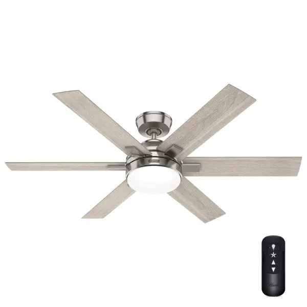 Be the talk of the town with the Georgetown ENERGY STAR® ceiling fan, designed for large rooms with a modern touch. Perfect for indoor use, it features a 6-speed DC motor, delivering superior energy efficiency—64% more efficient*. Control your comfort with ease using the included remote. Hunter's ENERGY STAR® certified ceiling fans provide top-notch performance and sleek style, making your home more comfortable and eco-friendly. Plus, HunterExpress® fans are created for easy 1-2-3 installation with a pre-assembled body, plug &amp; play wiring, and easy-install blades. HunterExpress® fans are made for easy 1-2-3 installation. Hunter's ENERGY STAR® certified ceiling fans are 64% more energy efficient* Built with our SureSpeed® Guarantee to deliver faster airflow you can feel. Our 6-speed DC motor provides the ultimate in efficient and quiet operation. EASY TO INSTALL: HunterExpress® fans are created for easy 1-2-3- installation that comes with a pre-assembled body, plug &amp; play wiring, and easy-install blades. ENERGY EFFICIENT: Hunter's ENERGY STAR® certified ceiling fans are 64% more efficient on average than conventional fans* while helping you save you money on cooling costs. AIRFLOW YOU FEEL: Built with our SureSpeed® Guarantee, this fan delivers high airflow velocity while maintaining quiet, wobble-free performance. REVERSIBLE MOTOR: Our 6-speed DC motor provides the ultimate in efficient and quiet operation. EASY REMOTE FUNCTION: Use the control to adjust the fan speed, dim the light, and reverse the motor seasonally. HIGHER CEILINGS: To add an extended downrod, more than 6 inches, an accessory wire extension kit is required. LARGE ROOM FAN: Ideal size for spaces like living rooms and bedrooms. 140 YEARS OF QUALITY: Cutting-edge technology, American engineered, and ETL/UL tested for the highest safety standards — All backed by a limited lifetime motor warranty for peace of mind. EXTENDED DOWNROD &amp; WIRE COMPATIBILTY: For downrods longer than 12 inches, use our DC Accessory Wire Kits—choose from 99696 (18-24 inches), 99697 (36-48 inches), or 99698 (60-72 inches) based on your required length. COMPATIBLE ACCESSORIES: Works with Hunter and Casablanca fans, except for Hunter Original models and those featuring a DC motor with pull chain. WARRANTY: Limited Lifetime Motor Warranty backed by the only company with over 140 years in the fan business *Based on testing conducted January 2023 comparing the average high-speed airflow velocity of Hunter SureSpeed ceiling fans and the best-selling online models for leading competitors. - alternate view