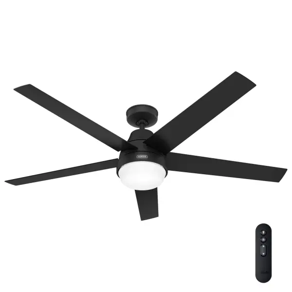 The 60 inch Aerodyne ceiling fan, ENERGY STAR® certified for efficiency, seamlessly integrates with smart home devices like Apple HomeKit, Google Home, and Amazon Alexa through HunterSMART™, formerly known as SIMPLEconnect®, Wi-Fi. It combines sleek design with advanced functionality, featuring a reversible, 6-speed DC motor backed by the SureSpeed® Guarantee for powerful airflow. The installation process is simplified with a pre-installed receiver, while the integrated light kit adds warm ambiance. Control is effortless with the included handheld remote, blending elegance with eco-friendly operation and smart technology. Hunter Smart™ technology for easy smart home integration. Hunter's ENERGY STAR® certified ceiling fans are 64% more energy efficient.* Built with our SureSpeed® Guarantee to deliver faster airflow you can feel. Our 6-speed DC motor provides the ultimate in efficient and quiet operation. SMART HOME FAN: HunterSMART™ (formerly SIMPLEconnect®) offers Wi-Fi capabilities, seamlessly integrating with smart home systems like Apple HomeKit, Google Home, and Amazon Alexa. ENERGY EFFICIENT: Hunter's ENERGY STAR® certified ceiling fans are 64% more efficient on average than conventional fans* while helping you save you money on cooling costs. AIRFLOW YOU FEEL: Built with our SureSpeed® Guarantee, this fan delivers high airflow velocity while maintaining quiet, wobble-free performance. INDOOR FANS: Great for bedrooms, offices and great rooms. Make sure you get the right size for the best cooling efficiency. REVERSIBLE MOTOR: Our 6-speed DC motor provides the ultimate in efficient and quiet operation. PRE-INSTALLED RECEIVER: Remote receiver built into the fan. One less step for installation. EASY REMOTE FUNCTION: Use the control to adjust the fan speed, dim the light, and reverse the motor seasonally. CEILING HEIGHT: This fan includes a 3 inch download and is wired for a downrod up to 6 inches in length. 140 YEARS OF QUALITY: Cutting-edge technology, American engineered, and ETL/UL tested for the highest safety standards — All backed by a limited lifetime motor warranty for peace of mind. COMPATIBLE ACCESSORIES: Works with Hunter and Casablanca accessories, not including Hunter Original® accessories WARRANTY: Limited Lifetime Motor Warranty backed by the only company with over 140 years in the fan business *Based on testing conducted January 2023 comparing the average high-speed airflow velocity of Hunter SureSpeed ceiling fans and the best-selling online models for leading competitors. - alternate view