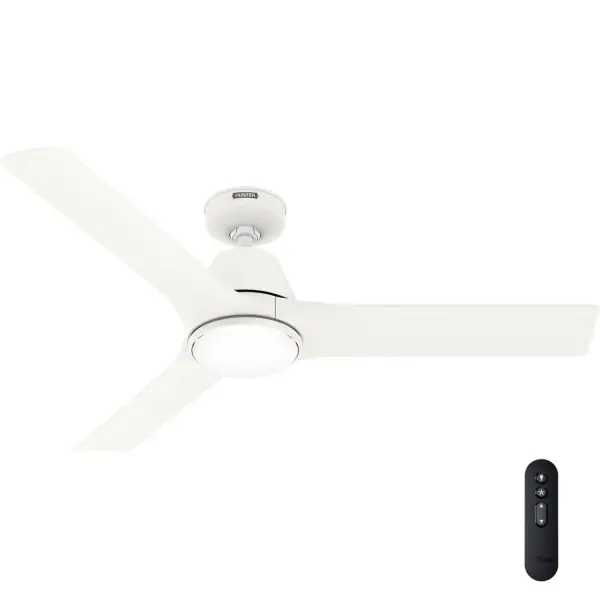 The 52 inch Aeronaut ENERGY STAR® ceiling fan with LED Light and HunterSMART™, formerly known as SIMPLEconnect®, Wi-Fi capability offers a modern blend of style and efficiency. Its reversible, 6-speed DC motor, enhanced by the SureSpeed® Guarantee, delivers superior cooling. Installation is a breeze with a pre-installed control receiver. The integrated light kit adds elegance, and HunterSMART™ techonology works smart home devices like Apple HomeKit, Google Home, and Amazon Alexa. ENERGY STAR® certification highlights its 64% greater efficiency over conventional fans, ensuring both cost savings and environmental benefits. The Aeronaut is designed for contemporary living. HunterSMART™ technology for easy smart home integration. Hunter's ENERGY STAR® certified ceiling fans are 64% more energy efficient.* Built with our SureSpeed® Guarantee to deliver faster airflow you can feel. Our 6-speed DC motor provides the ultimate in efficient and quiet operation. SMART HOME FAN: HunterSMART™ (formerly SIMPLEconnect®) offers Wi-Fi capabilities, seamlessly integrating with smart home systems like Apple HomeKit, Google Home, and Amazon Alexa. ENERGY EFFICIENT: Hunter's ENERGY STAR® certified ceiling fans are 64% more efficient on average than conventional fans* while helping you save you money on cooling costs. AIRFLOW YOU FEEL: Built with our SureSpeed® Guarantee, this fan delivers high airflow velocity while maintaining quiet, wobble-free performance. DAMP-RATED: A great option for covered patios, screened porches, and other areas that are not directly exposed to rain, snow, water, or moisture. REVERSIBLE MOTOR: Our 6-speed DC motor provides the ultimate in efficient and quiet operation. EASY REMOTE FUNCTION: Use the control to adjust the fan speed, dim the light, and reverse the motor seasonally. LARGE ROOM FAN: Ideal size for spaces like living rooms and bedrooms. CEILING HEIGHT: This fan includes a 2 inch downrod and is wired for a downrod up to 6 inches in length. 140 YEARS OF QUALITY: Cutting-edge technology, American engineered, and ETL/UL tested for the highest safety standards — All backed by a limited lifetime motor warranty for peace of mind. COMPATIBLE ACCESSORIES: Works with Hunter and Casablanca accessories, not including Hunter Original® accessories. WARRANTY: Limited Lifetime Motor Warranty backed by the only company with over 140 years in the fan business. *Based on testing conducted January 2023 comparing the average high-speed airflow velocity of Hunter SureSpeed ceiling fans and the best-selling online models for leading competitors. - alternate view
