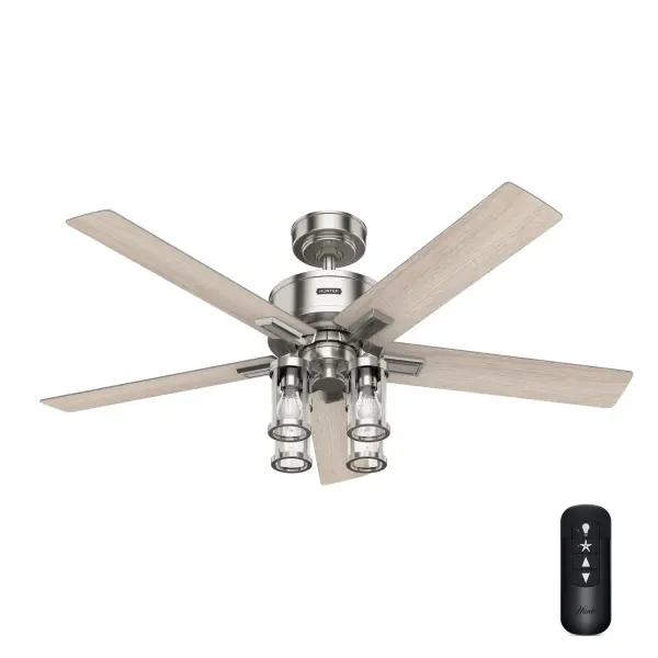Bring a fresh perspective to your space with the Astwood II 52-inch ceiling fan. Designed for large rooms, this indoor fan blends casual elegance with exceptional functionality. The 4-speed WhisperWind® motor ensures whisper-quiet, high-performance airflow for ultimate relaxation. With the exclusive SureSpeed® Guarantee, experience optimized, high-velocity cooling when it's needed most. Featuring an integrated LED light with TrueLight™ technology, it ensures a bright balance of clear and welcoming light, any time, in every room. The included handheld remote provides effortless control. Whether updating your living space or creating a cozy retreat, the Astwood II brings purposeful performance and timeless design to your home. Built with our SureSpeed® Guarantee to deliver faster airflow you can feel. TrueLight™ technology ensures a bright balance of clear and welcoming light, any time, in every room. WhisperWind® whisper-quiet motor. Rated for indoor use only AIRFLOW YOU FEEL: Built with our SureSpeed® Guarantee, this fan delivers high airflow velocity while maintaining quiet, wobble-free performance. CLEARLY BRIGHTER: TrueLight™ products are designed for modern bulbs that provide illumination and efficiency so you get the perfect brightness, every time. WHISPER-QUIET MOTOR: WhisperWind® reversible motor for optimal performance in summer and winter. INDOOR FANS: Great for bedrooms, offices and great rooms. Make sure you get the right size for the best cooling efficiency. LARGE ROOM FAN: Ideal size for spaces like living rooms and bedrooms. STANDARD PROFILE MOUNTING: 3 inch downrod included. HIGHER CEILINGS: To add an extended downrod, more than 6 inches, an accessory wire extension kit is required. 140 YEARS OF QUALITY: Cutting-edge technology, American engineered, and ETL/UL tested for the highest safety standards — All backed by a limited lifetime motor warranty for peace of mind. COMPATIBLE ACCESSORIES: Works with Hunter and Casablanca fans, except for Hunter Original models and those featuring a DC motor with pull chain. WARRANTY: Limited Lifetime Motor Warranty backed by the only company with over 140 years in the fan business. *Based on testing conducted January 2023 comparing the average high-speed airflow velocity of Hunter SureSpeed ceiling fans and the best-selling online models for leading competitors.