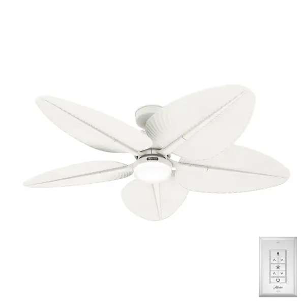 The Tropic View Outdoor with LED Light 52 inch offers energy-efficient performance paired with breezy Coastal style, making it the ideal ceiling fan for living rooms, bedrooms, and covered outdoor spaces like patios and screened porches. Powered by our 6-speed Eco Whisper DC motor, it provides whisper-quiet operation and high airflow efficiency. With an easy-to-use control for fan speed and light dimming, this ceiling fan enhances comfort and ambiance. Add seaside-inspired charm and functionality to your home with the Tropic View Ceiling Fan. Built with our SureSpeed® Guarantee to deliver faster airflow you can feel. Our 6-speed Eco Whisper DC motor delivers efficient and quiet performance. Damp-rated for covered outdoor spaces Includes LED Module AIRFLOW YOU FEEL: Built with our SureSpeed® Guarantee, this fan delivers high airflow velocity while maintaining quiet, wobble-free performance. REVERSIBLE MOTOR: Our 6-speed Eco Whisper DC motor provides the ultimate in efficient and quiet operation. DAMP-RATED: A great option for covered patios, screened porches, and other areas that are not directly exposed to rain, snow, water, or moisture. EASY REMOTE FUNCTION: Use the control to adjust the fan speed and dim the light. LARGE ROOM FAN: Ideal size for spaces like living rooms and bedrooms. STANDARD PROFILE MOUNTING: 2 inch downrod included. DOWNROD EXTENSION: For an extension downrod longer than 12 inches, use our DC Accessory Wire Kits—choose from 99696 (18-24 inches), 99697 (36-48 inches), or 99698 (60-72 inches) based on your required length. 140 YEARS OF QUALITY: Cutting-edge technology, American engineered, and ETL/UL tested for the highest safety standards — All backed by a limited lifetime motor warranty for peace of mind. COMPATIBLE ACCESSORIES: Works with Hunter and Casablanca fans, except for Hunter Original models and those featuring a DC motor with pull chain. WARRANTY: Limited Lifetime Motor Warranty backed by the only company with over 140 years in the fan business. *Based on testing conducted January 2023 comparing the average high-speed airflow velocity of Hunter SureSpeed ceiling fans and the best-selling online models for leading competitors.