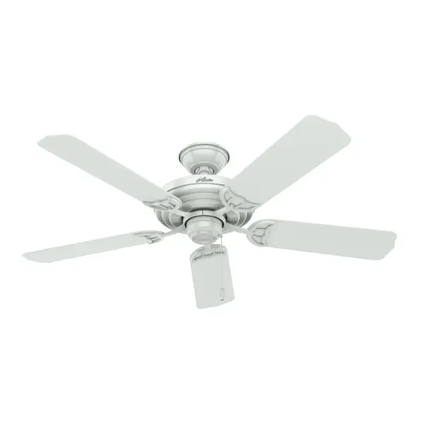 The Sea Air's traditional design and various color options will complement any large area in or outside your home. Made with stainless steel hardware to resist rust, this wet-rated fan is perfect for spaces exposed directly to weather like patios and pergolas. The 52-inch blades of this outdoor ceiling fan are powered by a reversible, three-speed WhisperWind® motor delivering ultra-powerful air movement with a whisper-quiet performance so you get the cooling power you want without the noise. Be sure to check out the wet-rated accessory light kits Hunter® has to offer. WhisperWind® whisper-quiet motor. Wet-rated for exposed outdoor spaces No light kit or bulbs included Pull chains included WHISPER-QUIET MOTOR: 3-speed, WhisperWind® reversible motor for optimal performance in summer and winter. WET-RATED: For use in outdoor spaces exposed to extreme weather elements. DROOP-FREE BLADES: Made from durable materials to ensure no blade drooping LARGE ROOM FAN: Ideal size for spaces like living rooms and bedrooms. STANDARD PROFILE MOUNTING: 3 inch downrod included. 140 YEARS OF QUALITY: Cutting-edge technology, American engineered, and ETL/UL tested for the highest safety standards — All backed by a limited lifetime motor warranty for peace of mind. COMPATIBLE ACCESSORIES: Works with Hunter and Casablanca accessories, not including Hunter Original® accessories. WARRANTY: Limited Lifetime Motor Warranty backed by the only company with over 140 years in the fan business.