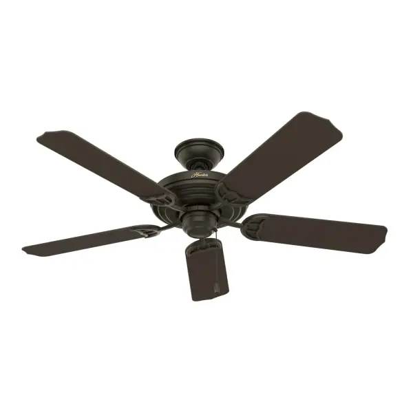 The Sea Air's traditional design and various color options will complement any large area in or outside your home. Made with stainless steel hardware to resist rust, this wet-rated fan is perfect for spaces exposed directly to weather like patios and pergolas. The 52-inch blades of this outdoor ceiling fan are powered by a reversible, three-speed WhisperWind® motor delivering ultra-powerful air movement with a whisper-quiet performance so you get the cooling power you want without the noise. Be sure to check out the wet-rated accessory light kits Hunter® has to offer. WhisperWind® whisper-quiet motor. Wet-rated for exposed outdoor spaces No light kit or bulbs included Pull chains included WHISPER-QUIET MOTOR: 3-speed, WhisperWind® reversible motor for optimal performance in summer and winter. WET-RATED: For use in outdoor spaces exposed to extreme weather elements. DROOP-FREE BLADES: Made from durable materials to ensure no blade drooping LARGE ROOM FAN: Ideal size for spaces like living rooms and bedrooms. STANDARD PROFILE MOUNTING: 3 inch downrod included. 140 YEARS OF QUALITY: Cutting-edge technology, American engineered, and ETL/UL tested for the highest safety standards — All backed by a limited lifetime motor warranty for peace of mind. COMPATIBLE ACCESSORIES: Works with Hunter and Casablanca accessories, not including Hunter Original® accessories. WARRANTY: Limited Lifetime Motor Warranty backed by the only company with over 140 years in the fan business. - alternate view