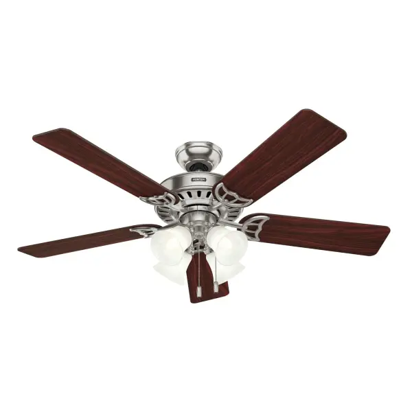 The most classic ceiling fan Hunter has to offer, the traditional design of the Studio Series ceiling fans with lights will keep your room fresh and revitalized for years to come. Choose from a wide selection of finishes to fit your decor. With its three-speed WhisperWind® motor technology, this fan is big enough to move air in large spaces and provides excellent energy-efficient, LED lighting. The clearly brighter TrueLight™ techology illuminates your style and ensures your room will have bright welcoming light. TrueLight™ technology ensures a bright balance of clear and welcoming light, any time, in every room. WhisperWind® whisper-quiet motor. Rated for indoor use only 4 bulbs included CLEARLY BRIGHTER: TrueLight™ products are designed for modern bulbs that provide illumination and efficiency so you get the perfect brightness, every time. WHISPER-QUIET MOTOR: 3-speed, WhisperWind® reversible motor for optimal performance in summer and winter. LARGE ROOM FAN: Ideal size for spaces like living rooms and bedrooms. STANDARD PROFILE MOUNTING: 3 inch downrod included. 140 YEARS OF QUALITY: Cutting-edge technology, American engineered, and ETL/UL tested for the highest safety standards — All backed by a limited lifetime motor warranty for peace of mind. COMPATIBLE ACCESSORIES: Works with Hunter and Casablanca accessories, not including Hunter Original® accessories. WARRANTY: Limited Lifetime Motor Warranty backed by the only company with over 140 years in the fan business.