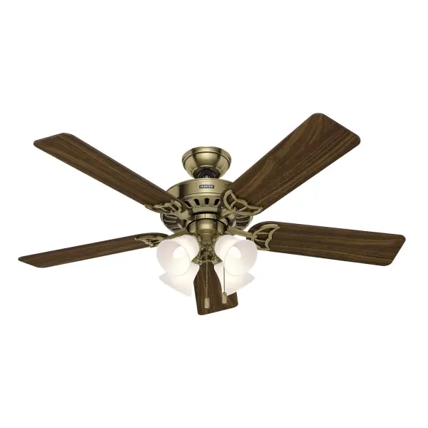 The most classic ceiling fan Hunter has to offer, the traditional design of the Studio Series ceiling fans with lights will keep your room fresh and revitalized for years to come. Choose from a wide selection of finishes to fit your decor. With its three-speed WhisperWind® motor technology, this fan is big enough to move air in large spaces and provides excellent energy-efficient, LED lighting. The clearly brighter TrueLight™ techology illuminates your style and ensures your room will have bright welcoming light. TrueLight™ technology ensures a bright balance of clear and welcoming light, any time, in every room. WhisperWind® whisper-quiet motor. Rated for indoor use only 4 bulbs included CLEARLY BRIGHTER: TrueLight™ products are designed for modern bulbs that provide illumination and efficiency so you get the perfect brightness, every time. WHISPER-QUIET MOTOR: 3-speed, WhisperWind® reversible motor for optimal performance in summer and winter. LARGE ROOM FAN: Ideal size for spaces like living rooms and bedrooms. STANDARD PROFILE MOUNTING: 3 inch downrod included. 140 YEARS OF QUALITY: Cutting-edge technology, American engineered, and ETL/UL tested for the highest safety standards — All backed by a limited lifetime motor warranty for peace of mind. COMPATIBLE ACCESSORIES: Works with Hunter and Casablanca accessories, not including Hunter Original® accessories. WARRANTY: Limited Lifetime Motor Warranty backed by the only company with over 140 years in the fan business. - alternate view