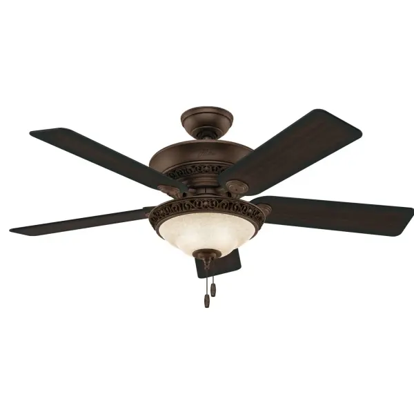 Part of our Hunter® Designer Series, the Italian Countryside is an ornate fan that will bring a new level of class to any space in your home. The cohesive design has high-end finishes, reversible blades, and elegant details on the fan body and glass fixture. With its 52-inch blade span, the Italian Countryside works well in standard or large rooms. This fan features a reversible, three-speed WhisperWind® motor to deliver ultra-powerful air movement with whisper-quiet performance. WhisperWind® whisper-quiet motor. Rated for indoor use only 3 bulbs included Pull chains included WHISPER-QUIET MOTOR: 3-speed, WhisperWind® reversible motor for optimal performance in summer and winter. INDOOR FANS: Great for bedrooms, offices and great rooms. Make sure you get the right size for the best cooling efficiency. LARGE ROOM FAN: Ideal size for spaces like living rooms and bedrooms. STANDARD PROFILE MOUNTING: 3 inch downrod included. 140 YEARS OF QUALITY: Cutting-edge technology, American engineered, and ETL/UL tested for the highest safety standards — All backed by a limited lifetime motor warranty for peace of mind. COMPATIBLE ACCESSORIES: Works with Hunter and Casablanca accessories, not including Hunter Original® accessories. WARRANTY: Limited Lifetime Motor Warranty backed by the only company with over 140 years in the fan business.