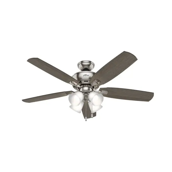 Available in three finishes, the Amberlin traditional ceiling fan with light is a great fit in your casual, transitional spaces. This updated classic boasts a three-speed WhisperWind® motor to deliver ultra-powerful air movement and whisper-quiet performance so you get all the cooling power without the noise. Featuring energy-efficient LED bulbs in a four-light fixture, this on-trend ceiling fan provides excellent lighting without overpowering your room. WhisperWind® whisper-quiet motor. Rated for indoor use only 4 bulbs included Pull chains included WHISPER-QUIET MOTOR: 3-speed, WhisperWind® reversible motor for optimal performance in summer and winter. INDOOR FANS: Great for bedrooms, offices and great rooms. Make sure you get the right size for the best cooling efficiency. LARGE ROOM FAN: Ideal size for spaces like living rooms and bedrooms. STANDARD PROFILE MOUNTING: 3 inch downrod included. 140 YEARS OF QUALITY: Cutting-edge technology, American engineered, and ETL/UL tested for the highest safety standards — All backed by a limited lifetime motor warranty for peace of mind. COMPATIBLE ACCESSORIES: Works with Hunter and Casablanca accessories, not including Hunter Original® accessories. WARRANTY: Limited Lifetime Motor Warranty backed by the only company with over 140 years in the fan business.