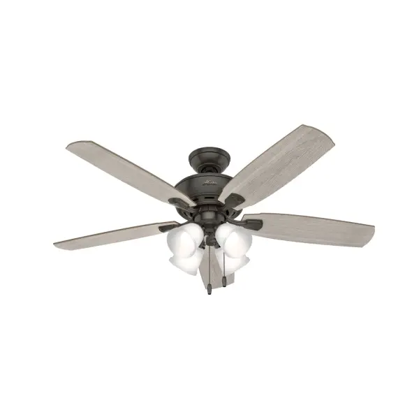 Available in three finishes, the Amberlin traditional ceiling fan with light is a great fit in your casual, transitional spaces. This updated classic boasts a three-speed WhisperWind® motor to deliver ultra-powerful air movement and whisper-quiet performance so you get all the cooling power without the noise. Featuring energy-efficient LED bulbs in a four-light fixture, this on-trend ceiling fan provides excellent lighting without overpowering your room. WhisperWind® whisper-quiet motor. Rated for indoor use only 4 bulbs included Pull chains included WHISPER-QUIET MOTOR: 3-speed, WhisperWind® reversible motor for optimal performance in summer and winter. INDOOR FANS: Great for bedrooms, offices and great rooms. Make sure you get the right size for the best cooling efficiency. LARGE ROOM FAN: Ideal size for spaces like living rooms and bedrooms. STANDARD PROFILE MOUNTING: 3 inch downrod included. 140 YEARS OF QUALITY: Cutting-edge technology, American engineered, and ETL/UL tested for the highest safety standards — All backed by a limited lifetime motor warranty for peace of mind. COMPATIBLE ACCESSORIES: Works with Hunter and Casablanca accessories, not including Hunter Original® accessories. WARRANTY: Limited Lifetime Motor Warranty backed by the only company with over 140 years in the fan business. - alternate view