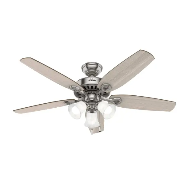 The Hunter Builder delivers dependable air circulation with WhisperWind motor technology that operates quietly while moving 2950 CFM. The classic design with reversible wood-tone blades and swirled marble glass light kit suits traditional and transitional interiors without dominating the space.